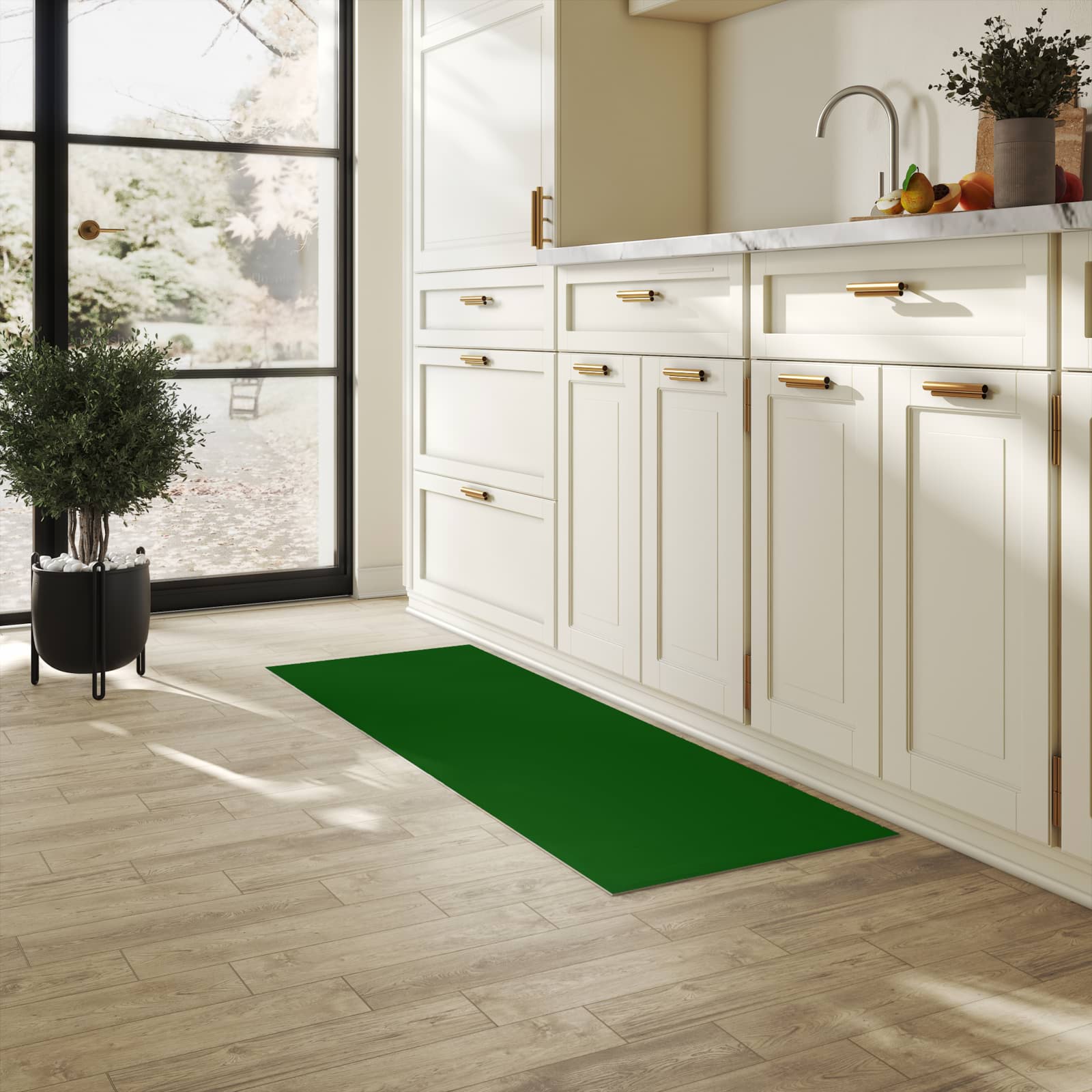 Pflegeleichter Läufer mit Motiv Dunkelgrüner Hintergrund I in heller Küche für einfache Reinigung