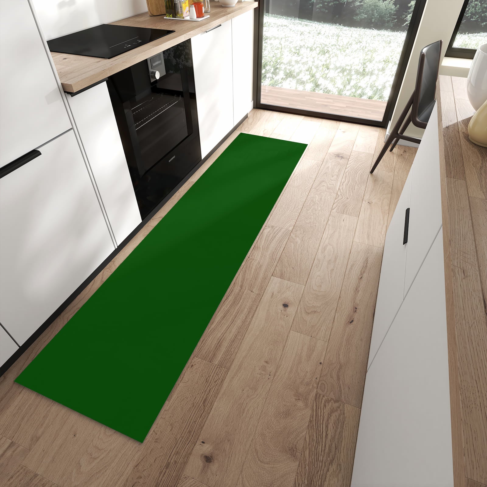 Hygienischer rutschfester Küchenteppich mit Motiv Dunkelgrüner Hintergrund I in moderner Küche