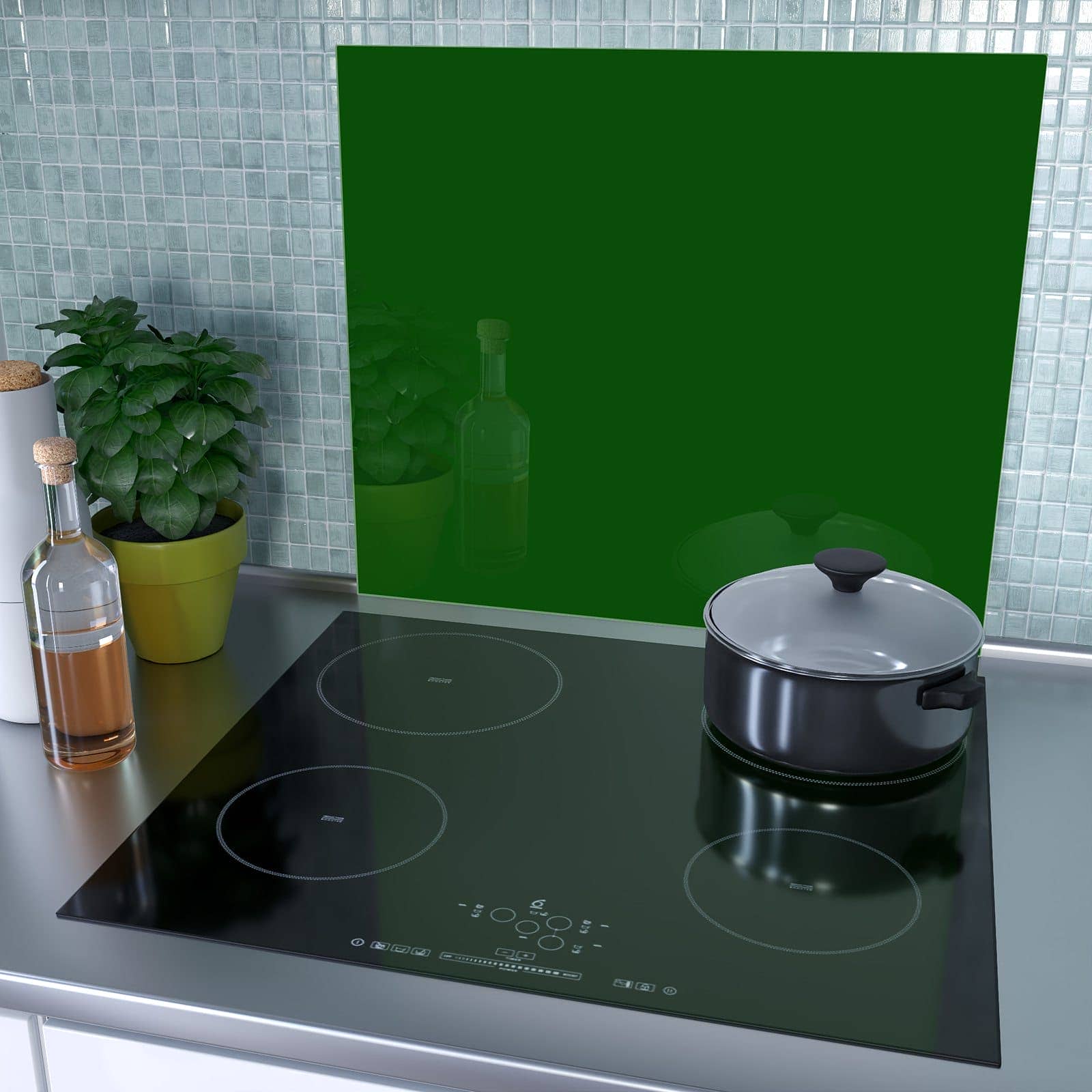 1-teilige Glasplatte für Herd mit Dunkelgrüner Hintergrund I-Motiv als Spritzschutz hinter dem Kochfeld