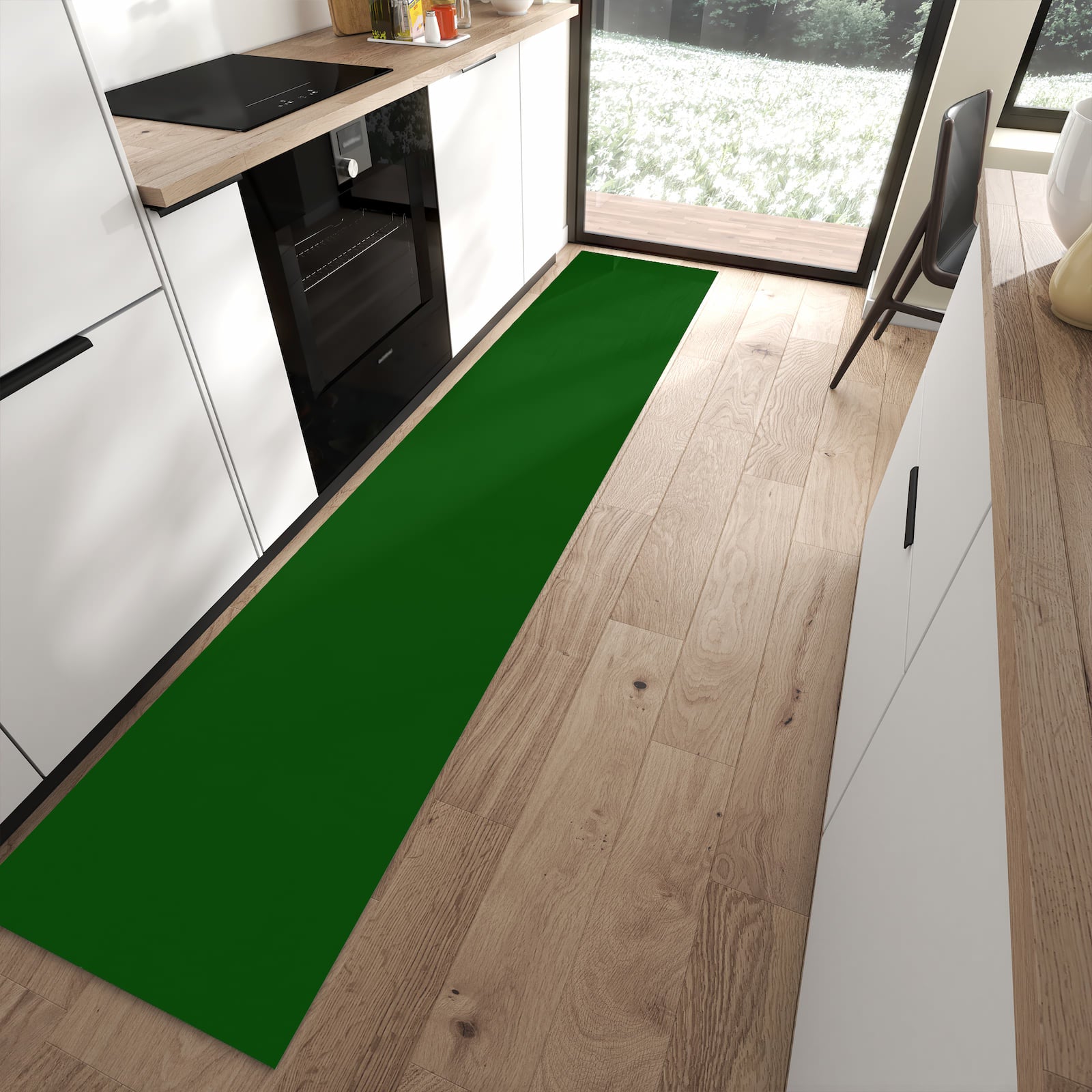 Waschbarer Küchenteppich mit Motiv Dunkelgrüner Hintergrund I in moderner Küche