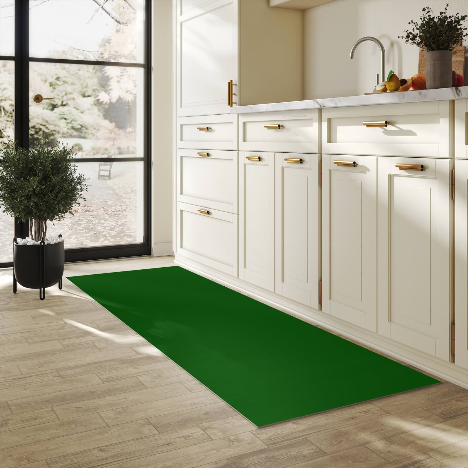 Rutschfester Küchenteppich mit Motiv Dunkelgrüner Hintergrund I in heller Küche