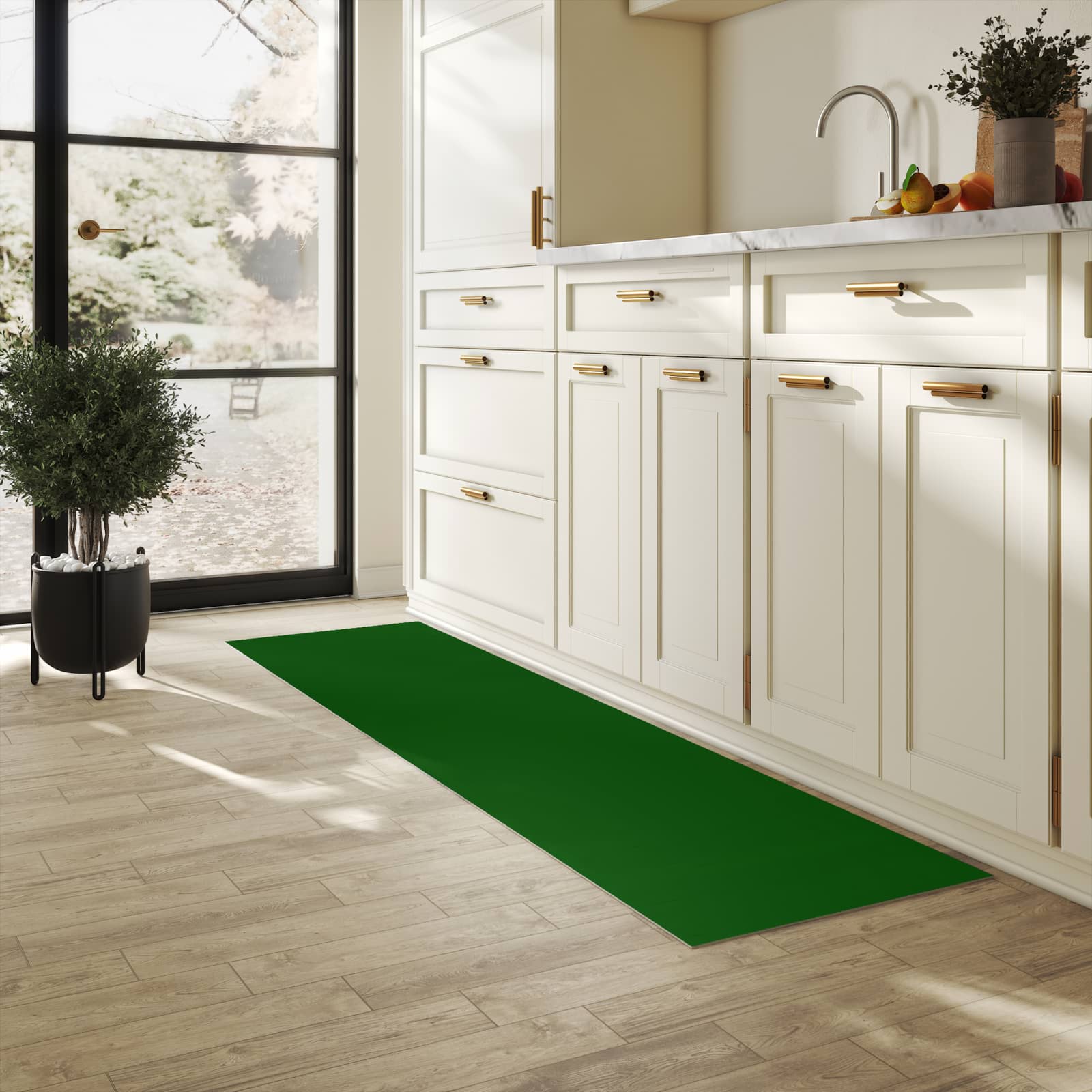Dünner Küchenteppich mit Motiv Dunkelgrüner Hintergrund I in heller Küche für angenehme Haptik