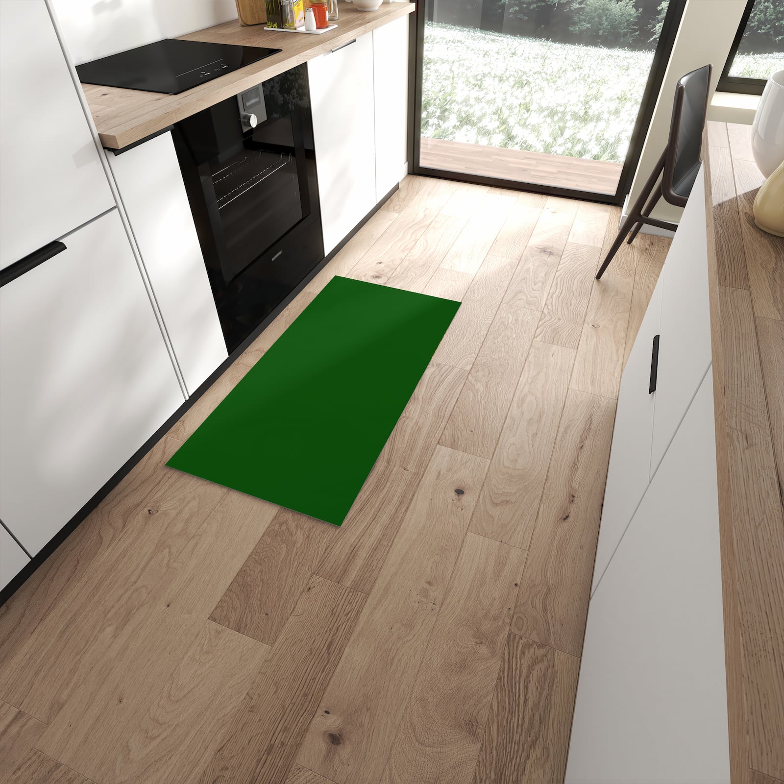 Rutschfester Küchenteppich mit Motiv Dunkelgrüner Hintergrund I in moderner Küche #grösse_60 x 120 cm