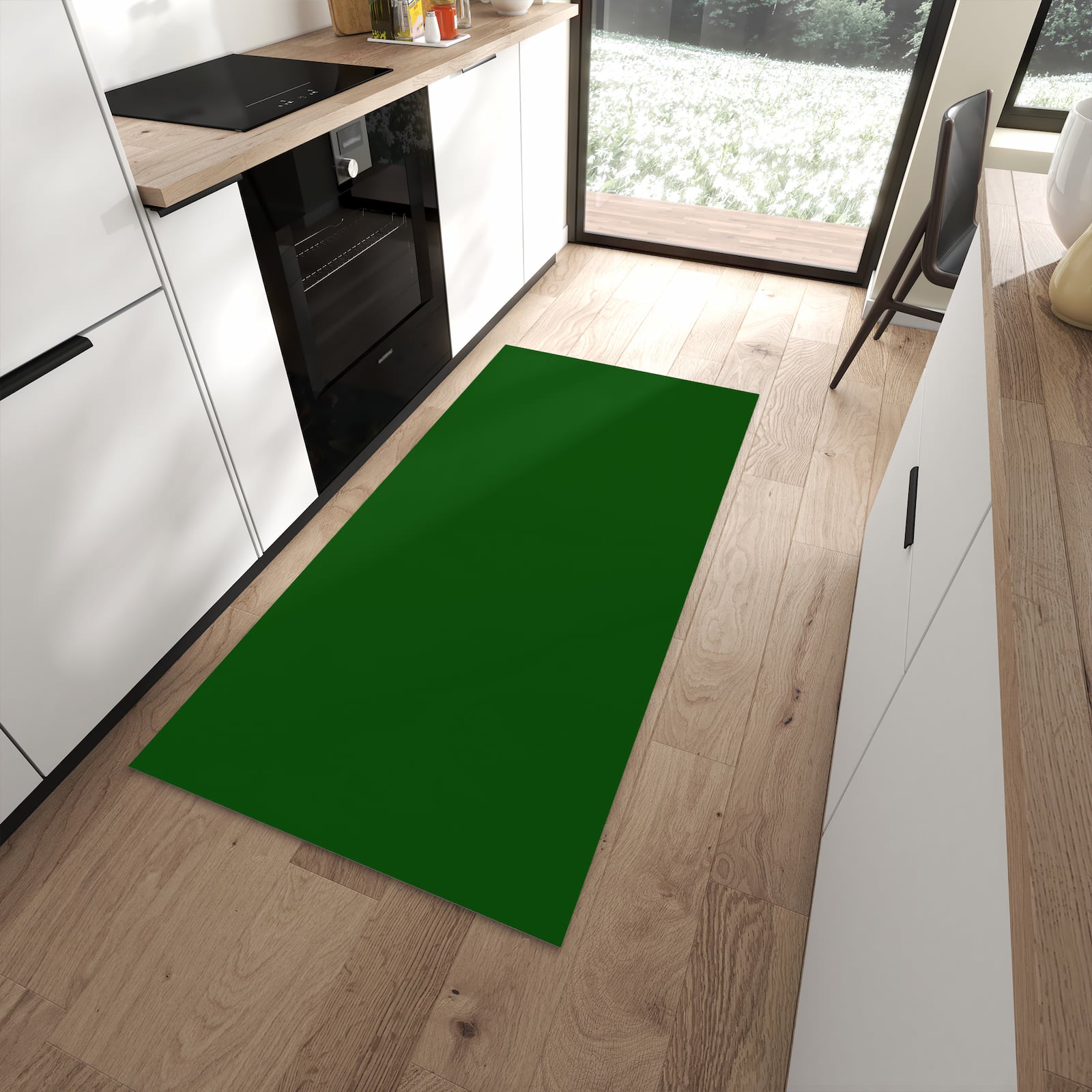 Bodenschonender Küchenläufer mit Motiv Dunkelgrüner Hintergrund I in moderner Küche