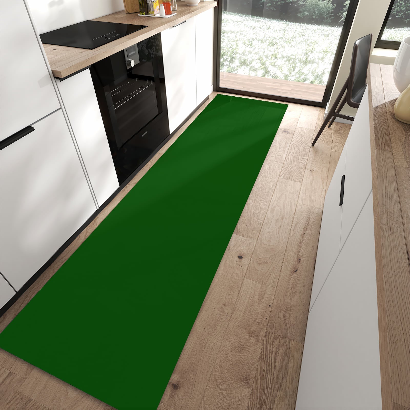 Küchenteppich mit Motiv Dunkelgrüner Hintergrund I für Ordnung in moderner Küche