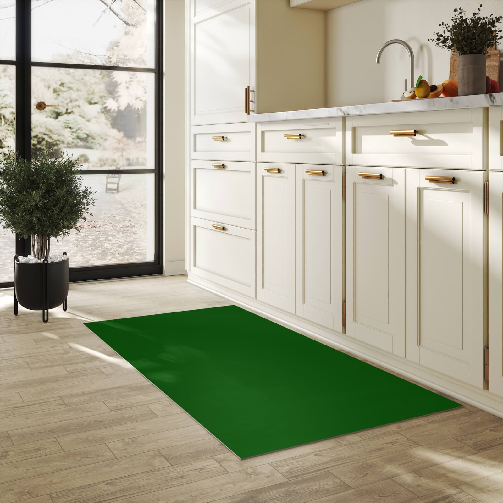 Küchenteppich mit Motiv Dunkelgrüner Hintergrund I für Ordnung & Übersicht in heller Küche