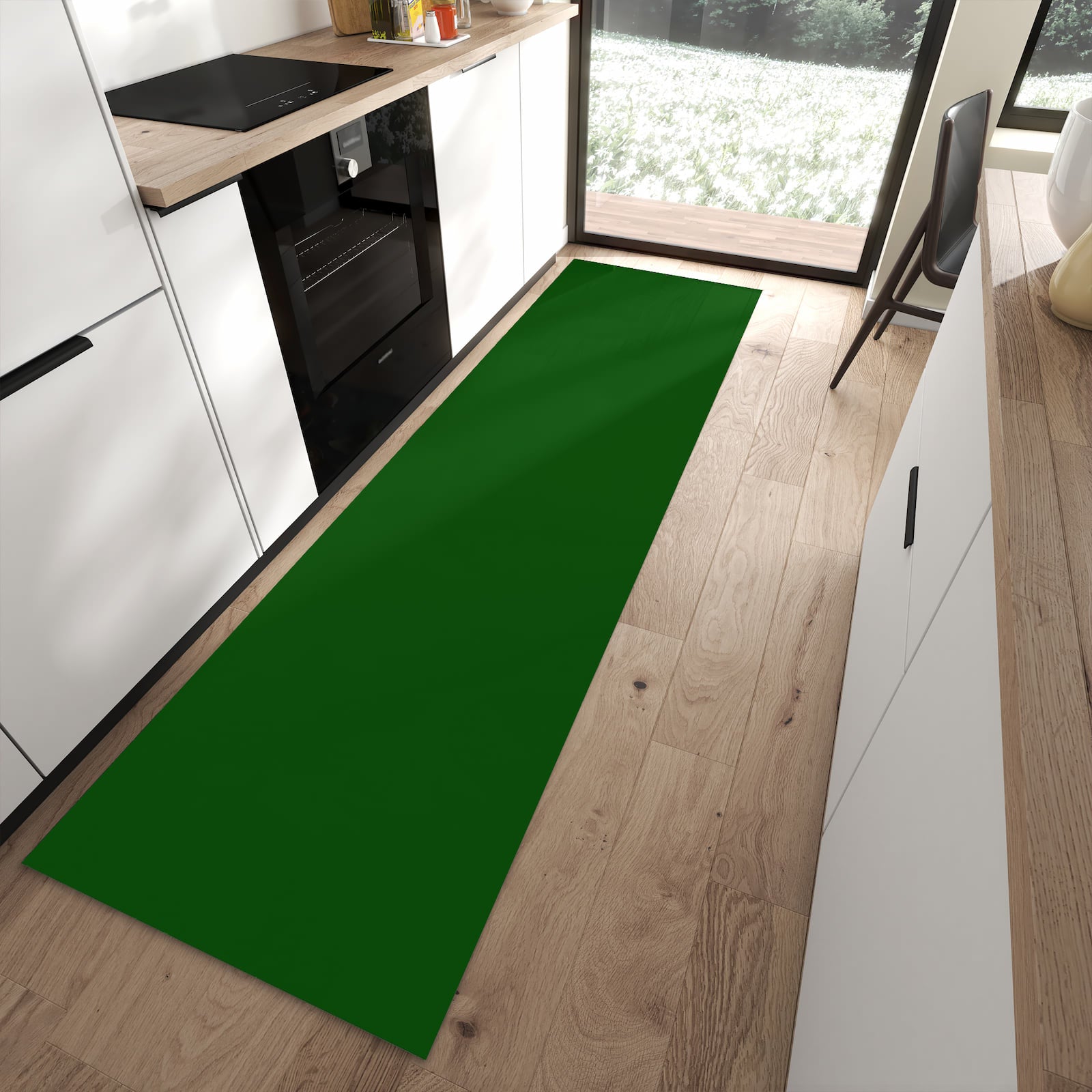 Bodenschonender Küchenteppich mit Motiv Dunkelgrüner Hintergrund I in moderner Küche