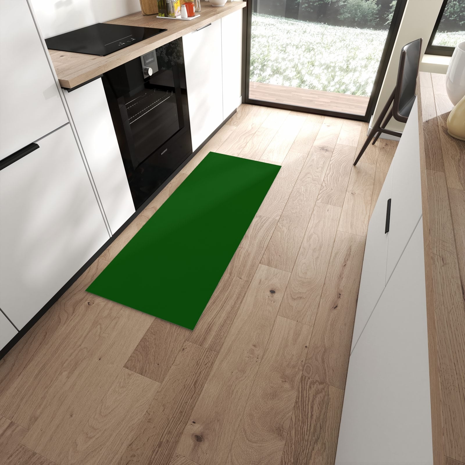 Waschbarer Küchenteppich mit Motiv Dunkelgrüner Hintergrund I in moderner Küche #grösse_60 x 150 cm