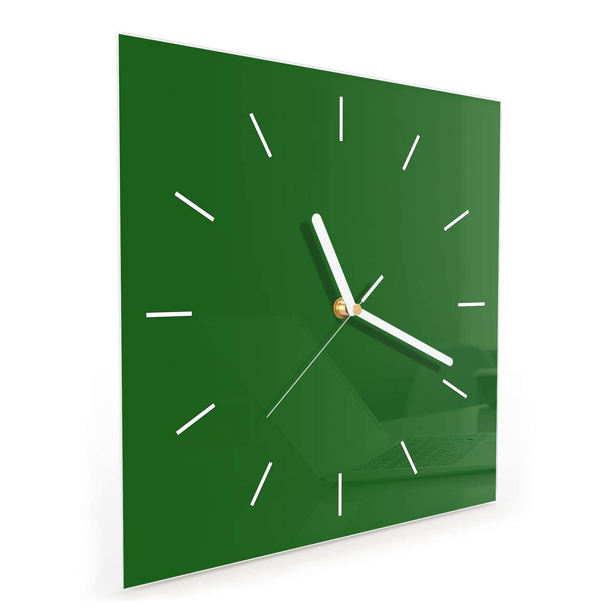 Quadratische Wanduhr aus Glas Waldgrün schräg von der Seite, 4 mm starkes Glas