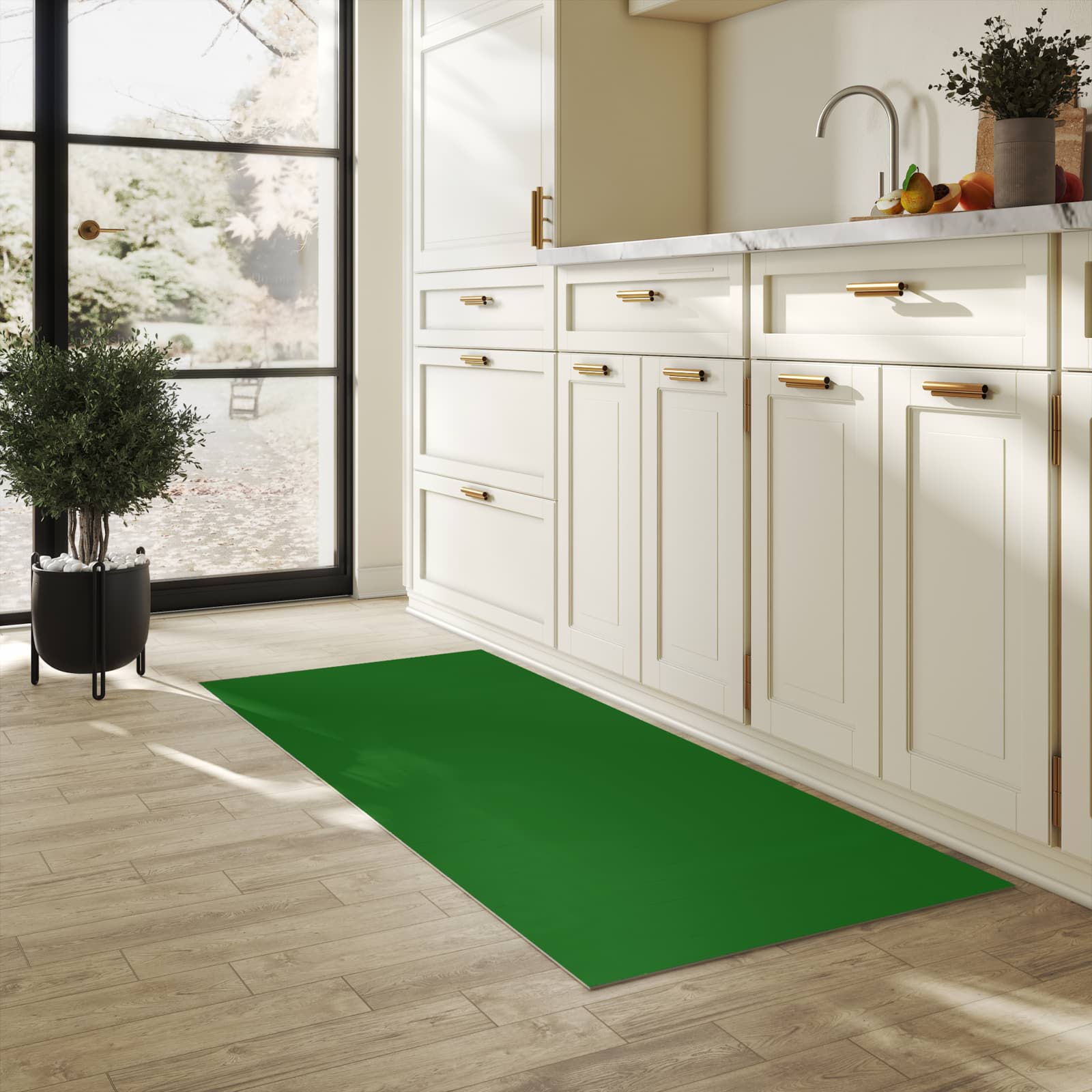 Fleckenresistenter waschbarer Teppich Küche mit Motiv Dunkelgrüner Hintergrund II in heller Küche