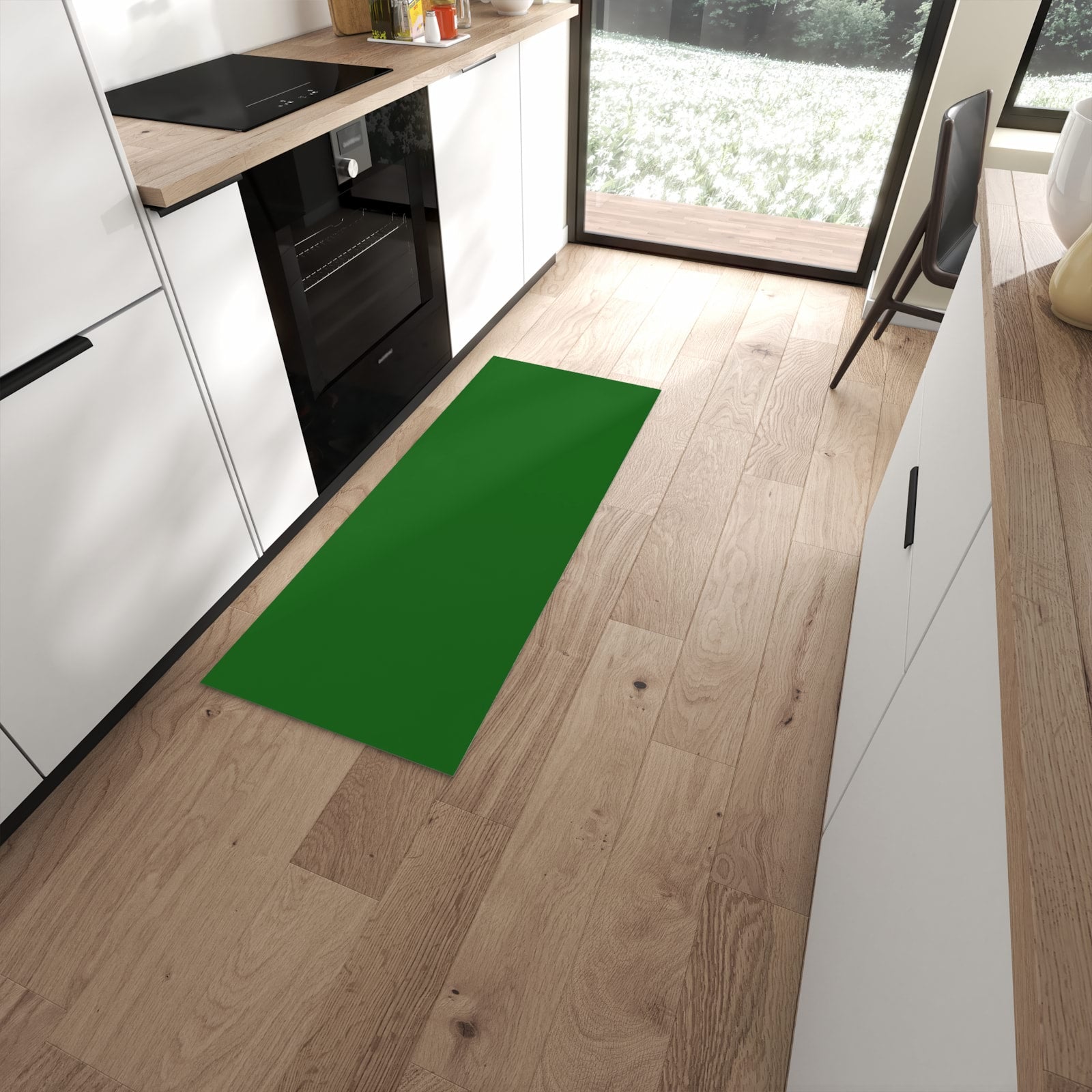 Teppich für Küche mit Dunkelgrüner Hintergrund II-Motiv in moderner Küche, schützt den Boden #grösse_60 x 150 cm