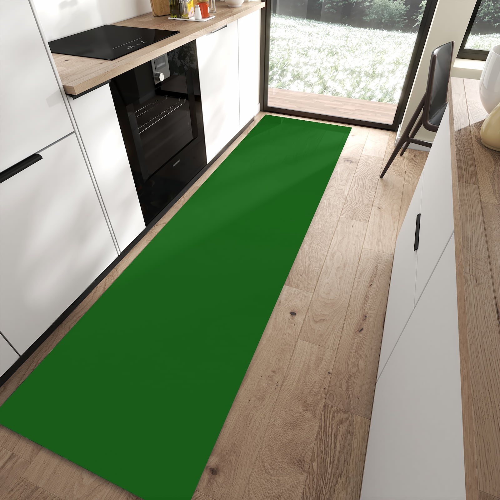 Wasserabweisender Küchenläufer mit Dunkelgrüner Hintergrund II-Motiv in moderner Küche