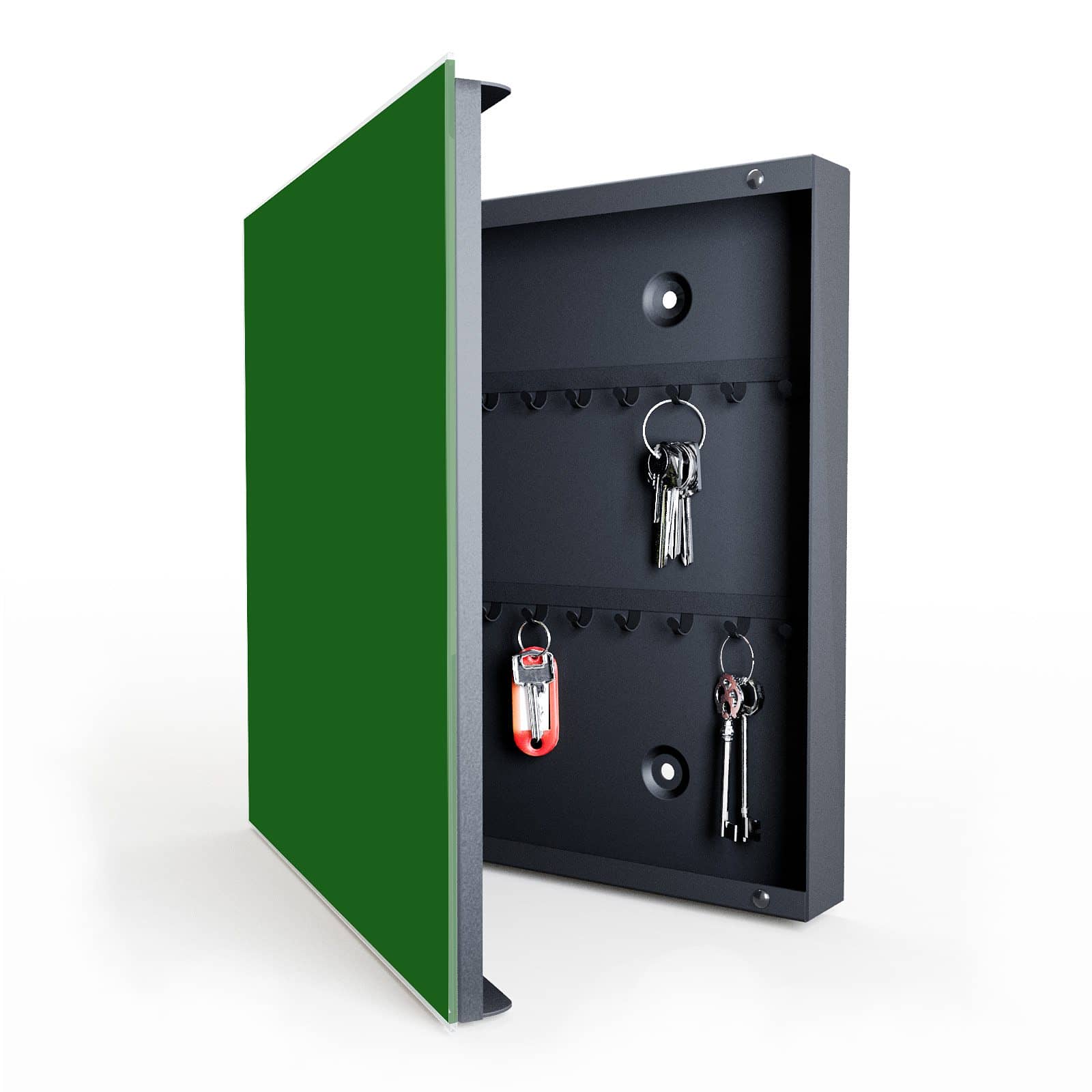 Bruchsicherer Schlüsselkasten mit Motiv Dunkelgrüner Hintergrund II in geöffneter Innenansicht für Flur
