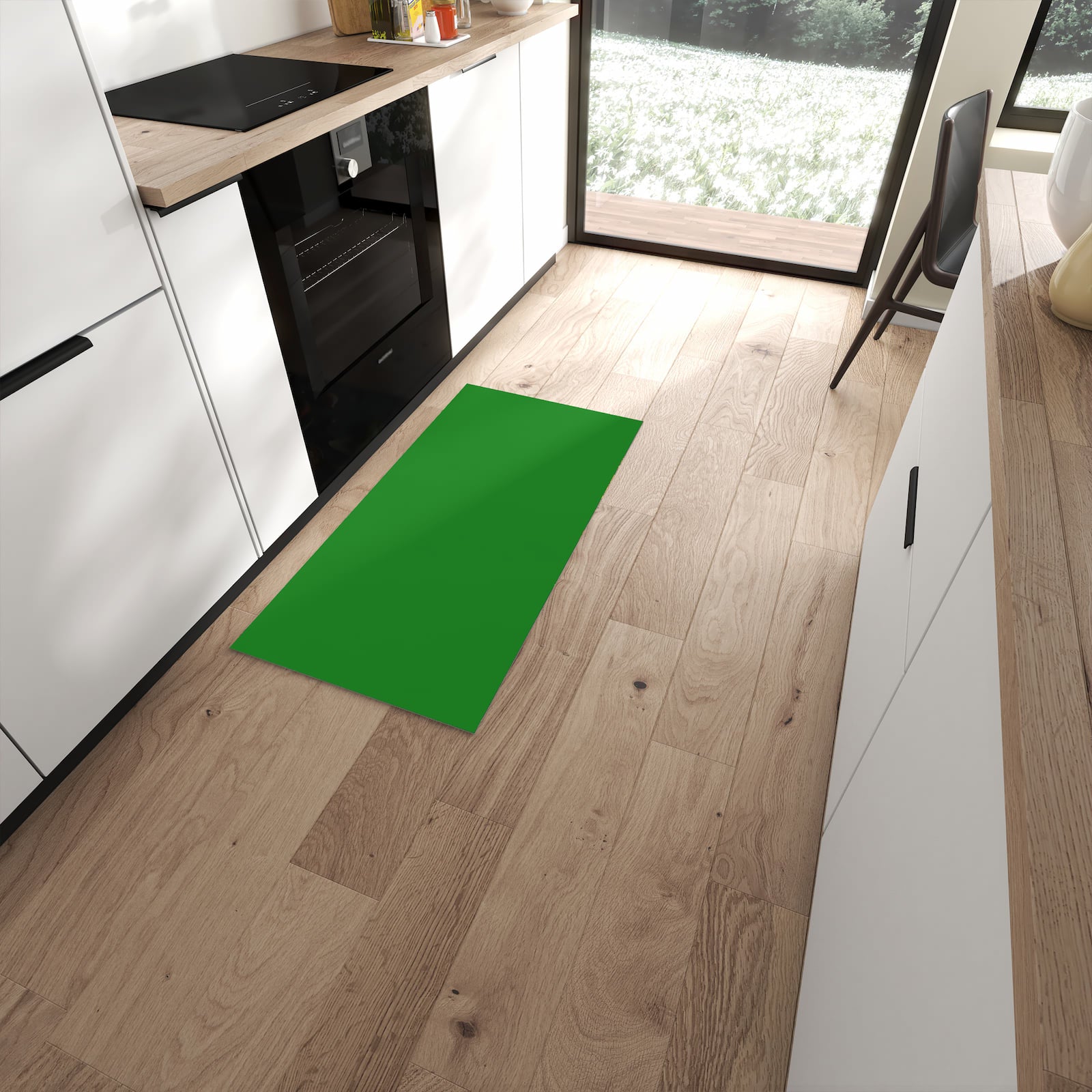 UV-beständiger Küchenläufer mit Grüner Hintergrund I-Motiv in moderner Küche #grösse_60 x 120 cm