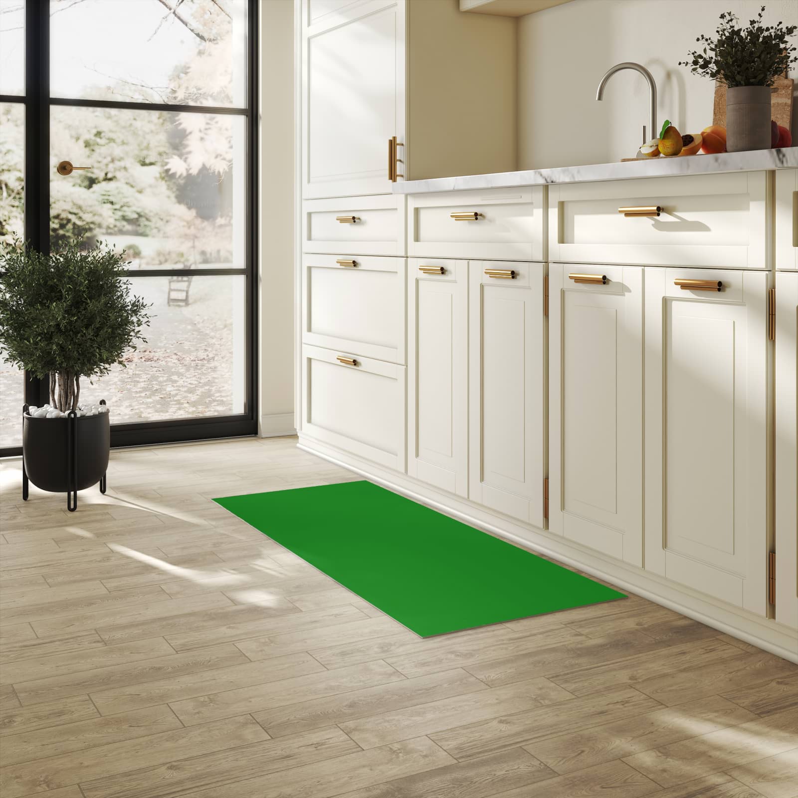 Küchenläufer mit Grüner Hintergrund-Motiv in der Küche, schützt den Boden