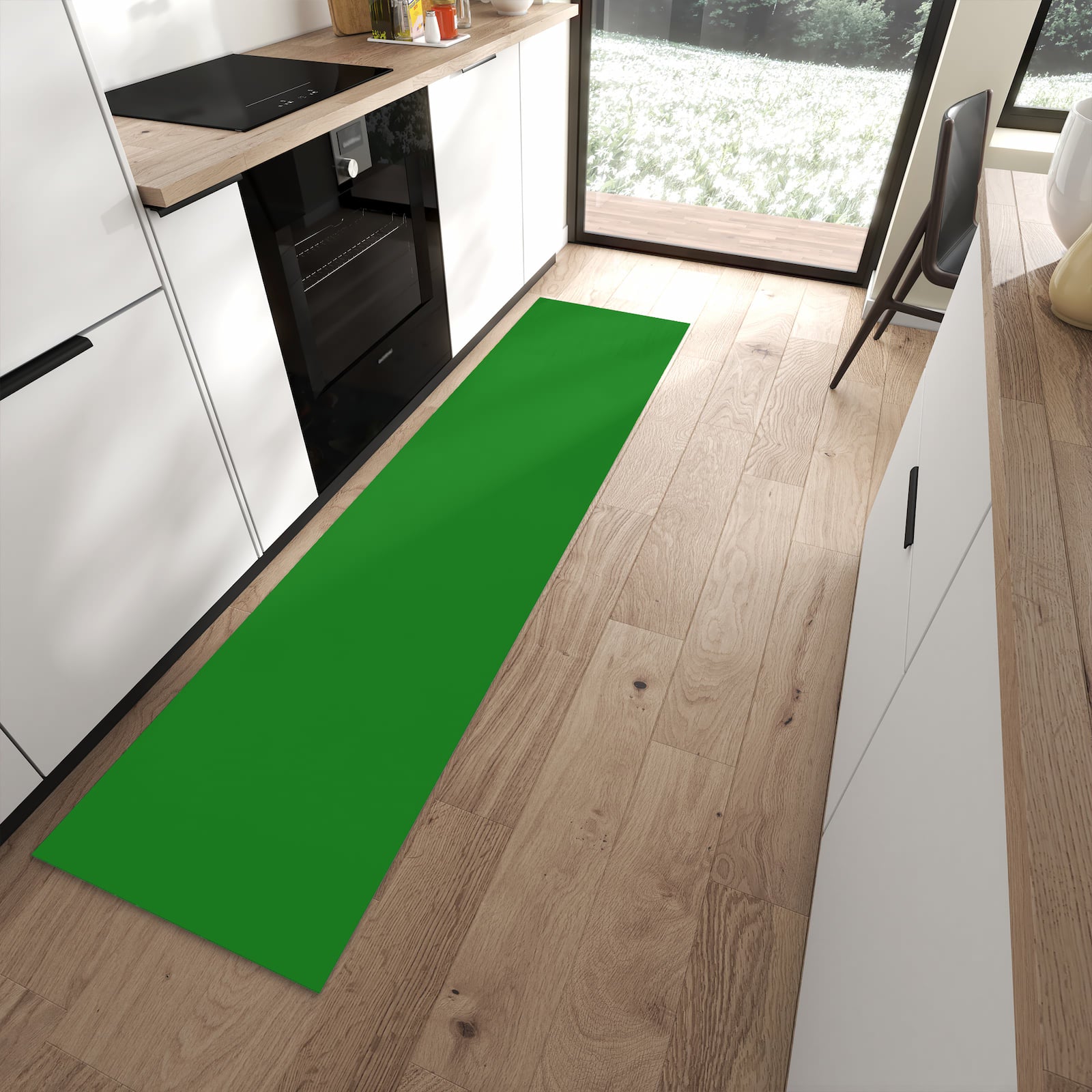 Schmutzabweisender Küchenläufer mit Grüner Hintergrund I-Motiv in moderner Küche