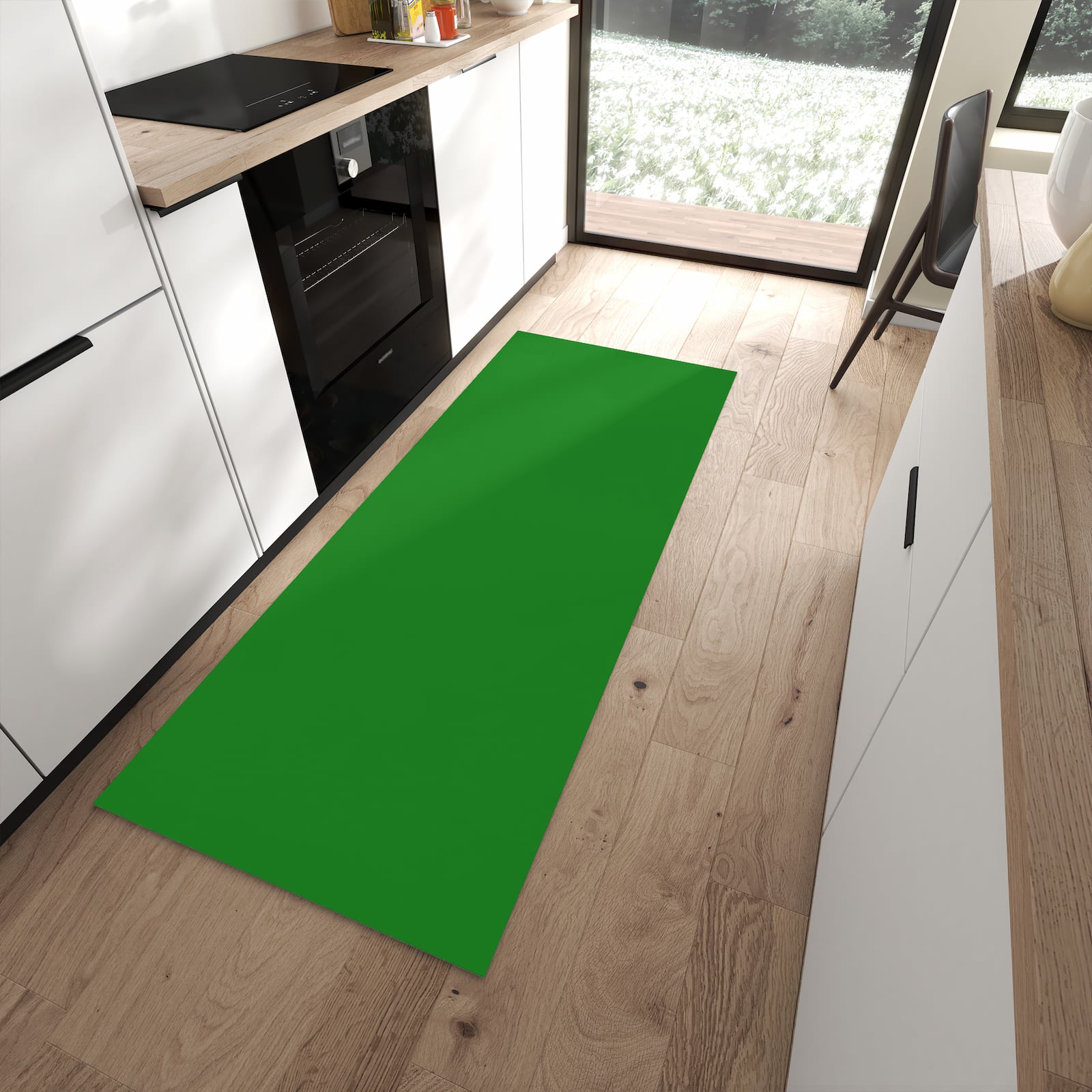 Komfortabler waschbarer Teppich mit Grüner Hintergrund I-Motiv in moderner Küche