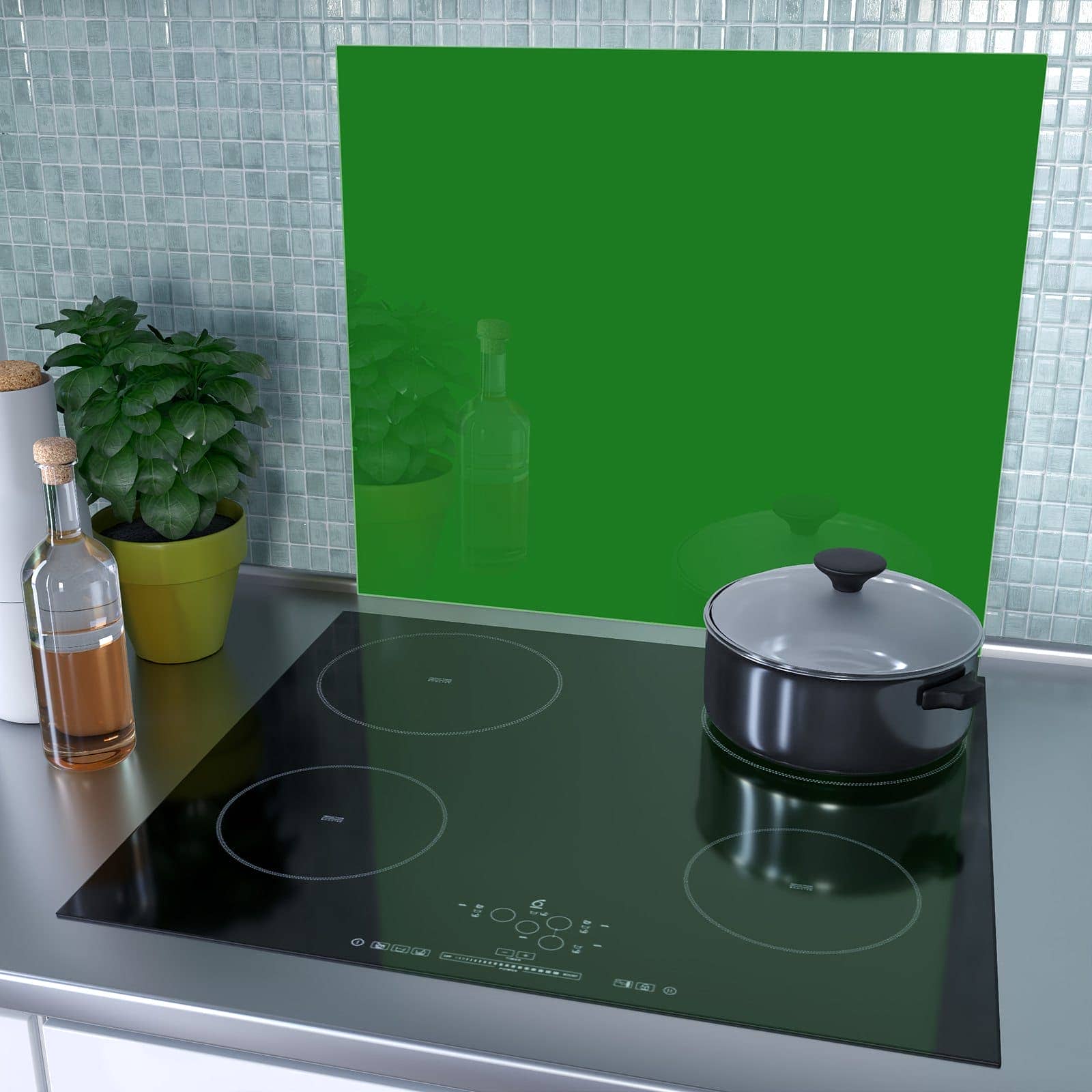 1-teilige Herdabdeckplatte aus Glas mit Grüner Hintergrund I-Motiv als Spritzschutz hinter dem Kochfeld