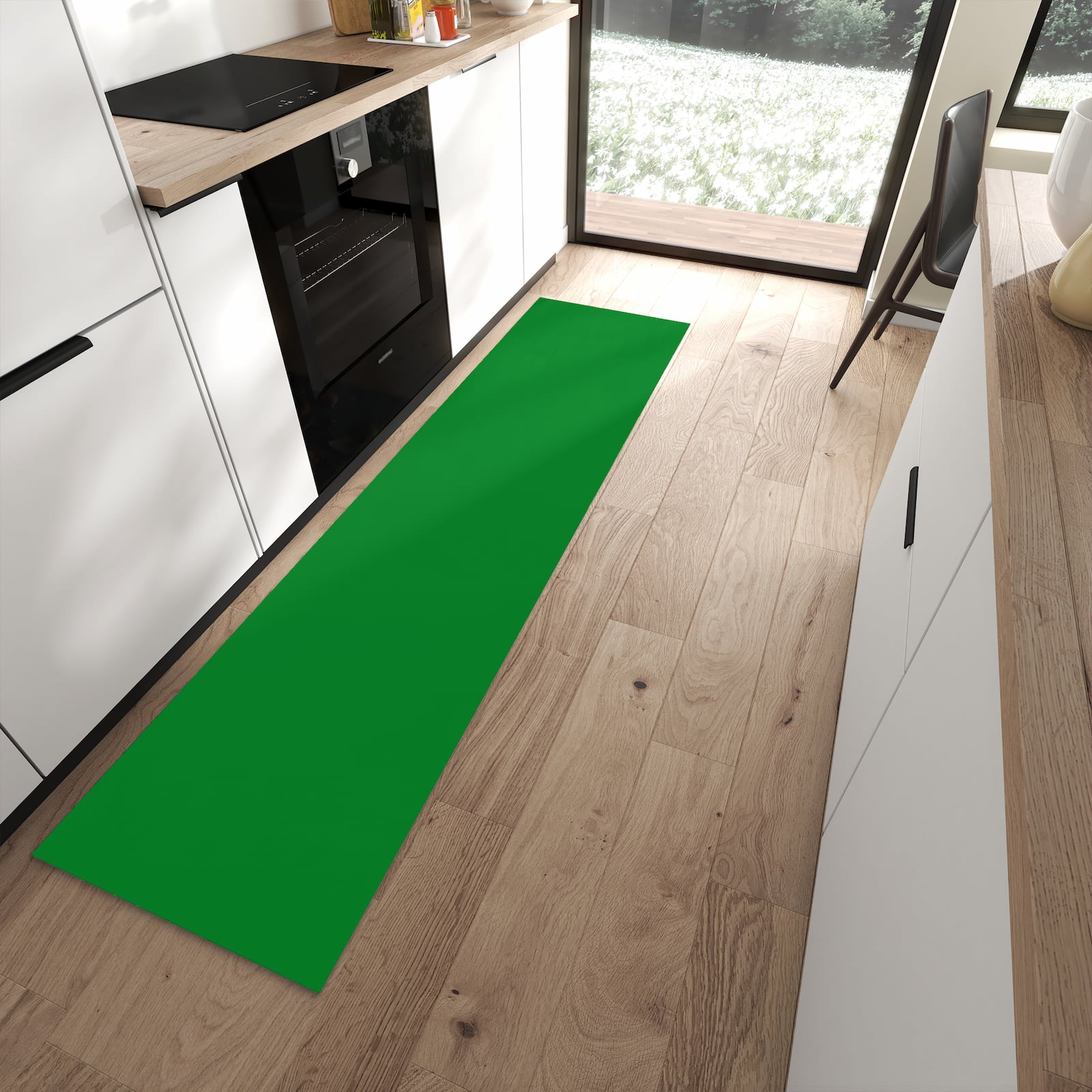 Geräuschdämpfender Küchenläufer mit Grüner Hintergrund II-Motiv in moderner Küche