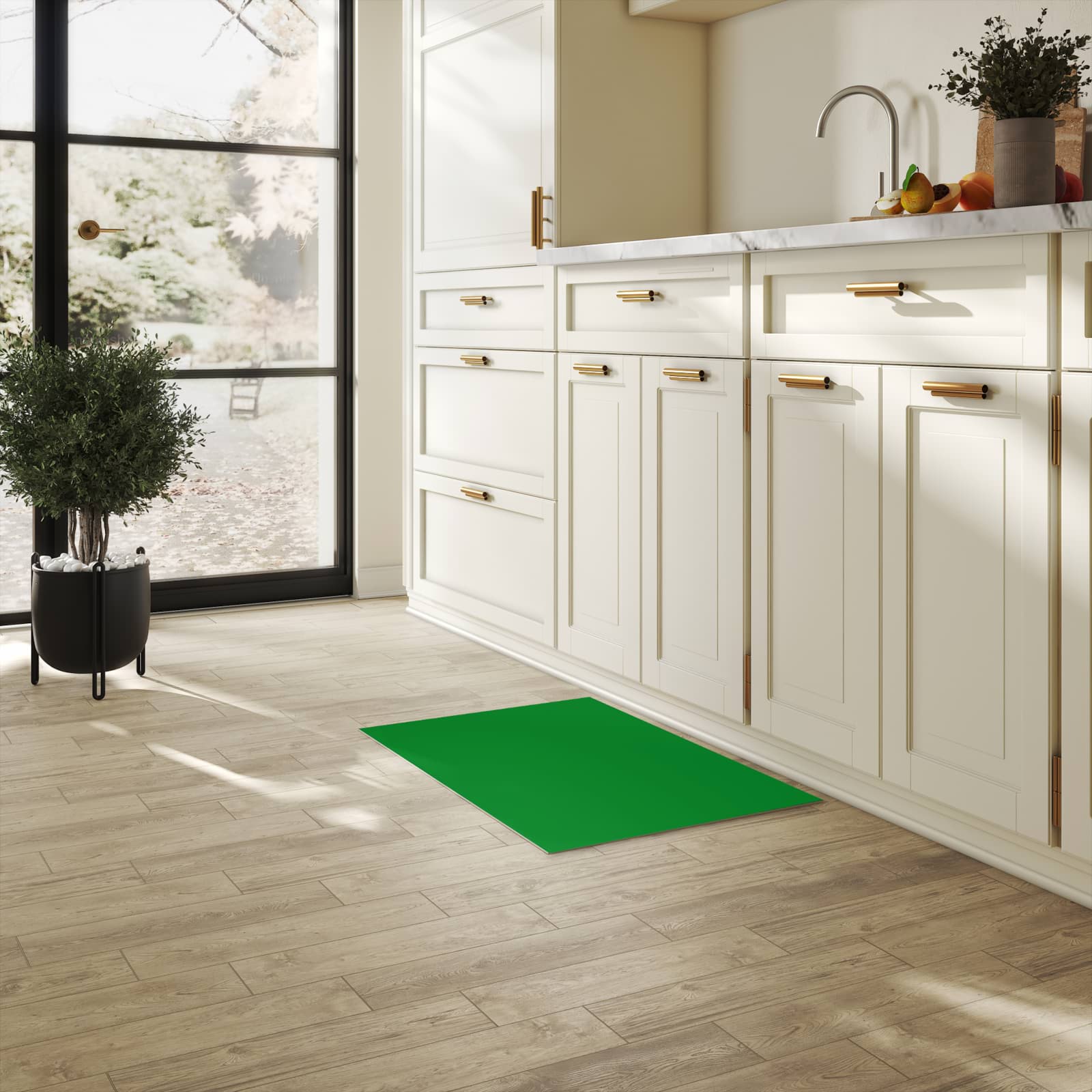 Waschbarer Küchenläufer mit Grüner Hintergrund II-Motiv in der Küche