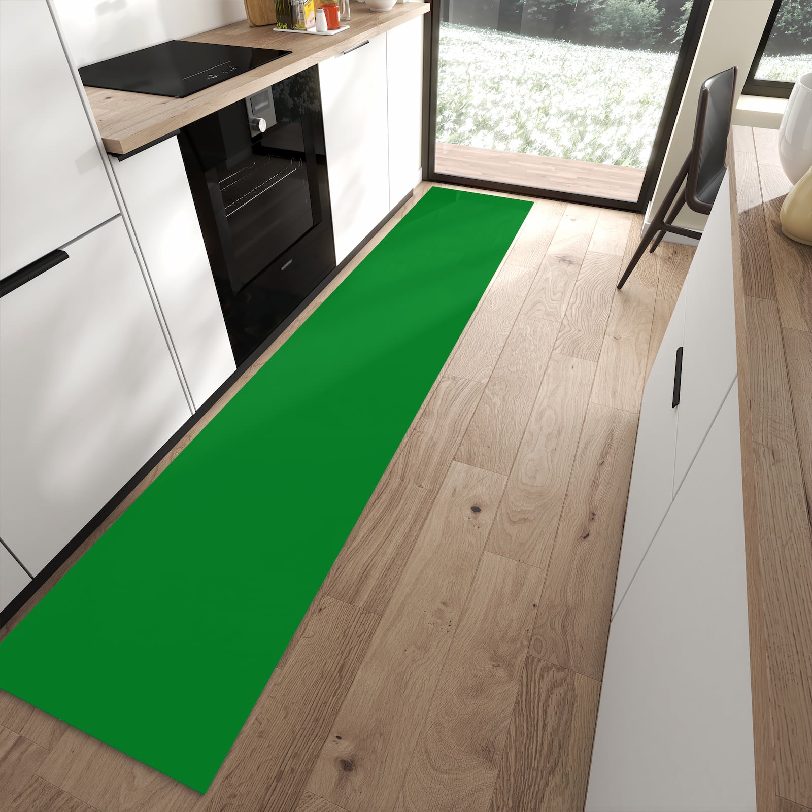 Rutschhemmender Teppichläufer mit Grüner Hintergrund II-Motiv in moderner Küche