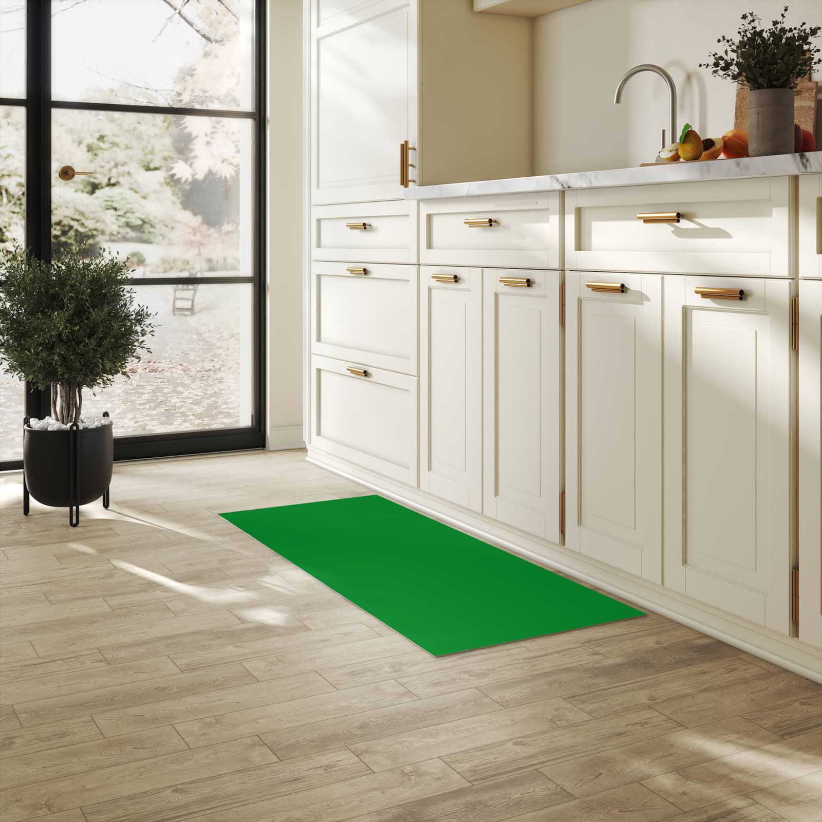 Fleckenresistenter Küchenteppich mit Grüner Hintergrund II-Motiv in der Küche