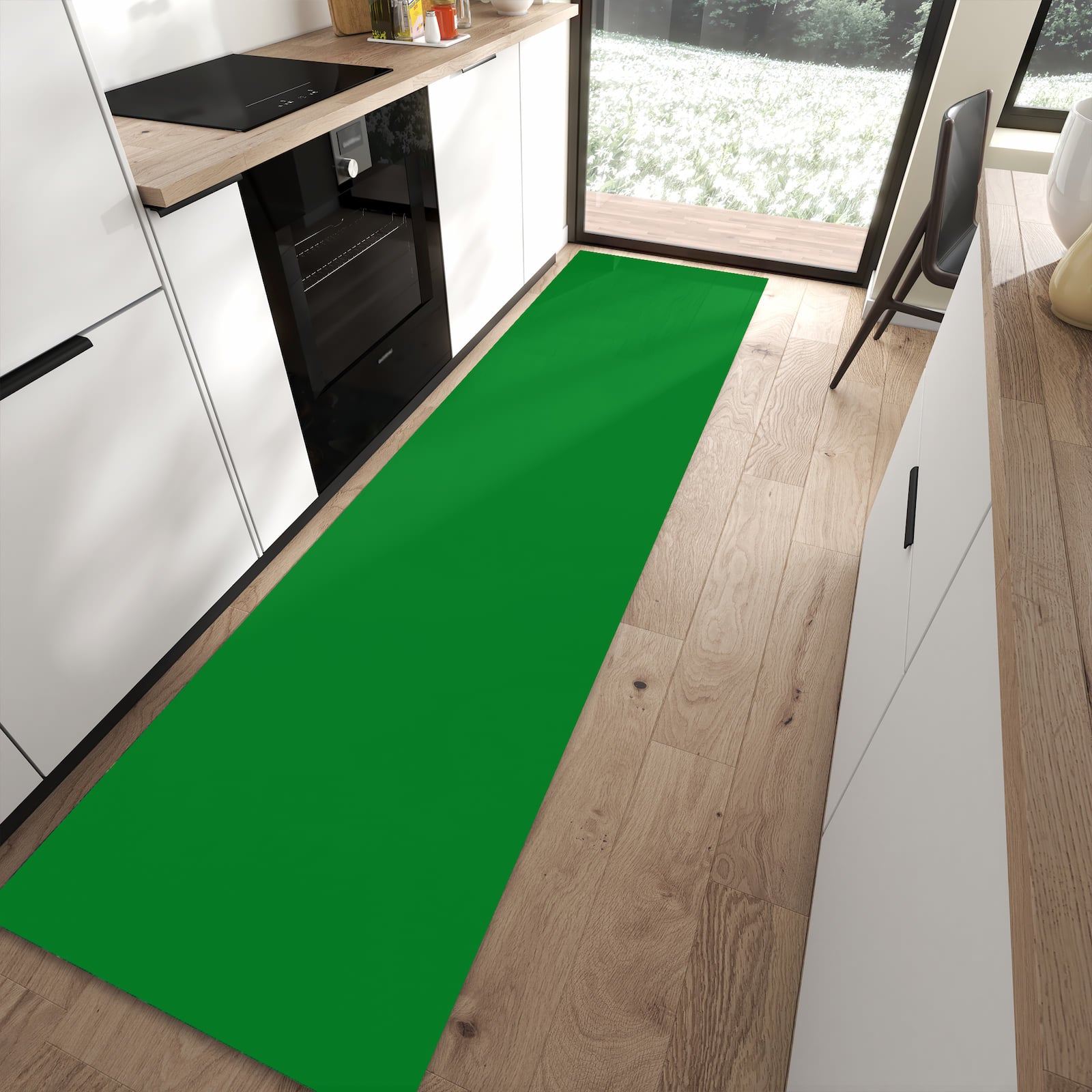 Formstabiler Küchenläufer mit Grüner Hintergrund II-Motiv in moderner Küche, rutschfest