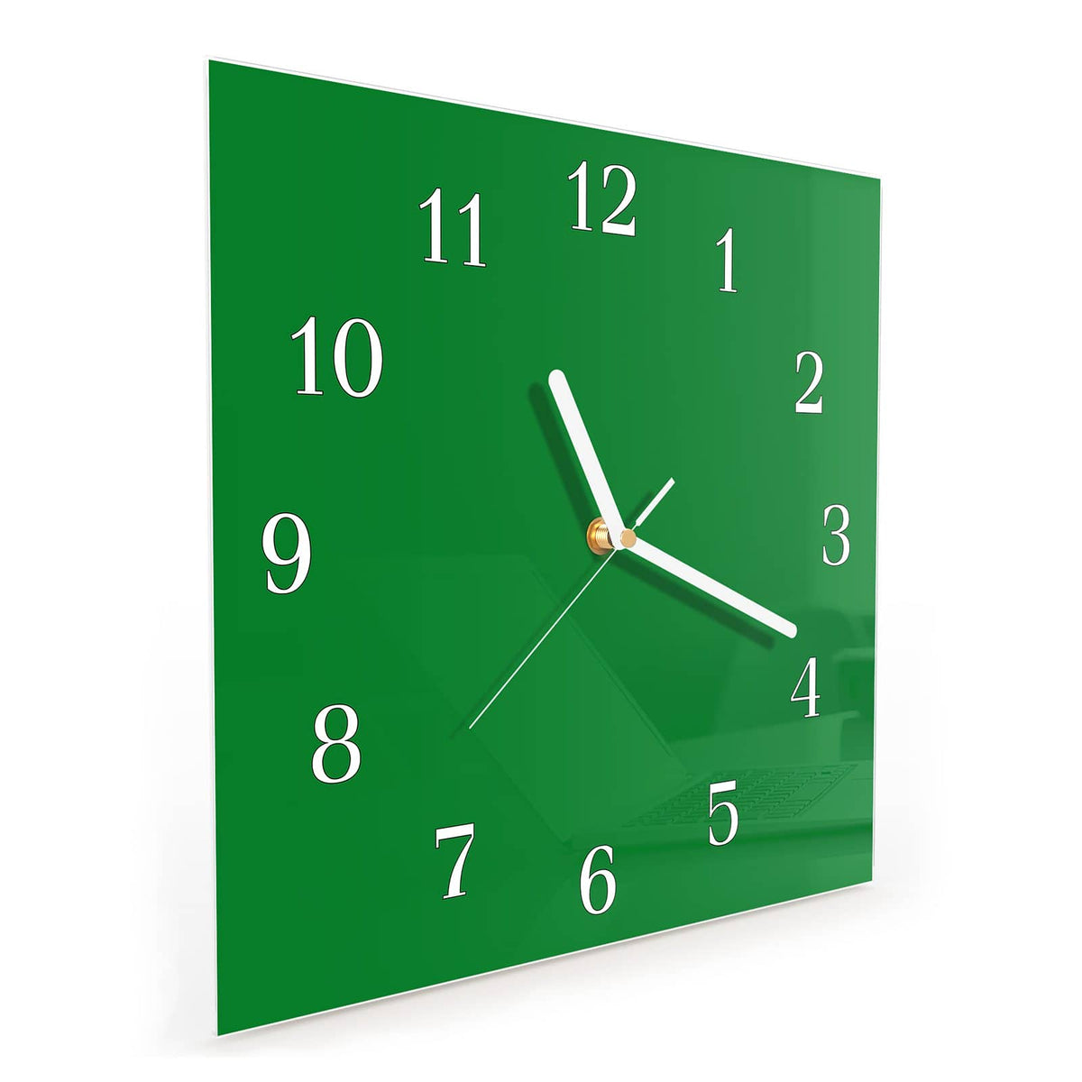 Quadratische Wanduhr aus Glas Smaragdgrün schräg von der Seite, 4 mm starkes Glas