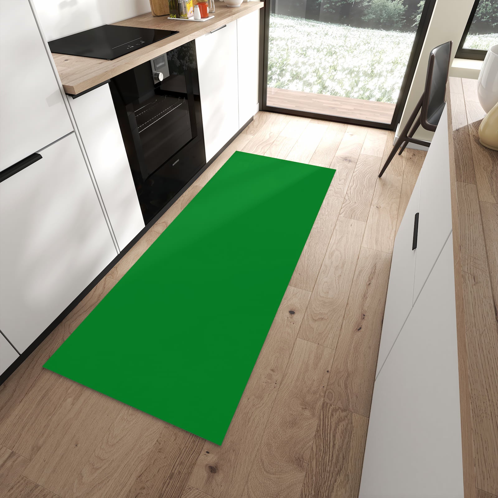 Waschbarer Küchenläufer mit Grüner Hintergrund II-Motiv in moderner Küche, zeitsparend