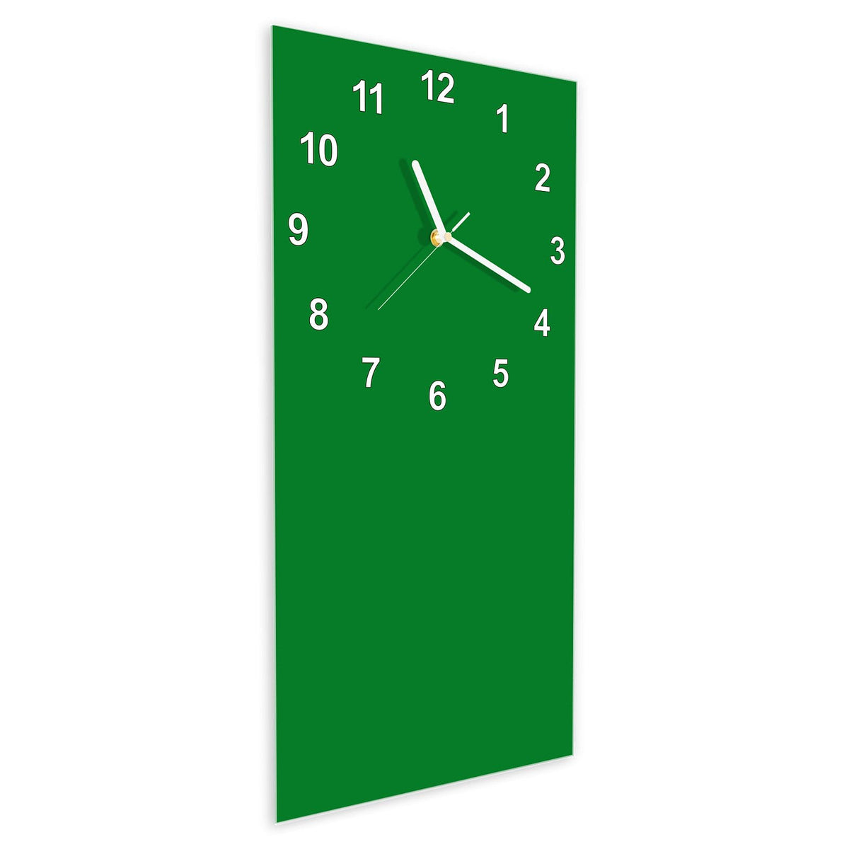 Wanduhr aus Glas im Hochformat Smaragdgrün schräg von der Seite, 4 mm starkes Glas