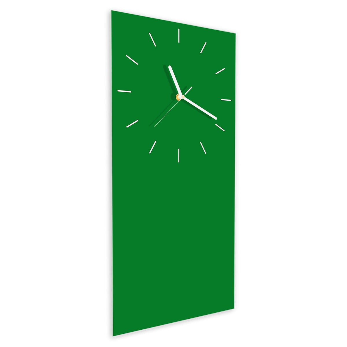 Wanduhr aus Glas im Hochformat Smaragdgrün schräg von der Seite, 4 mm starkes Glas