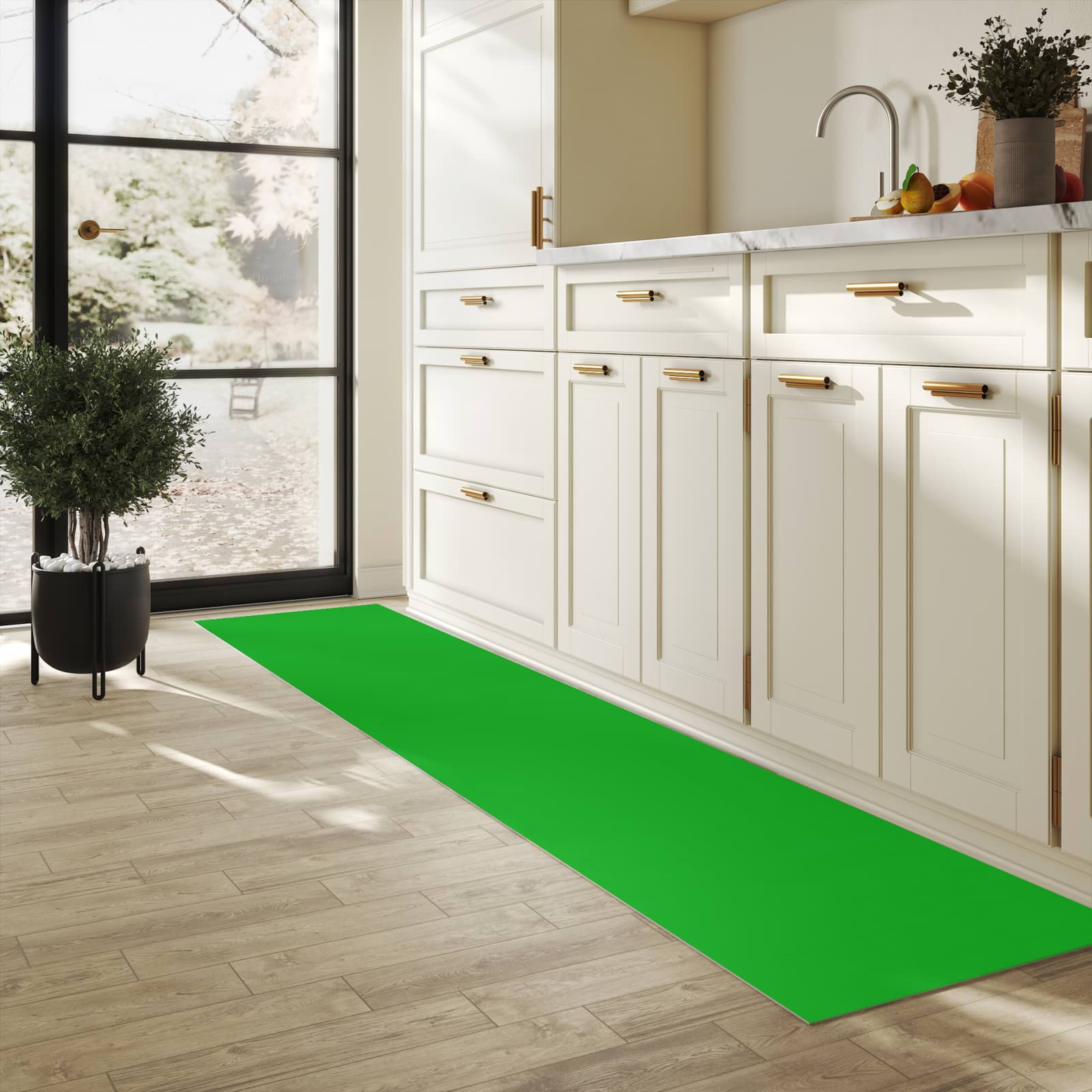 Rutschfester Küchenläufer mit grasgrünem Hintergrund-Motiv in der Küche