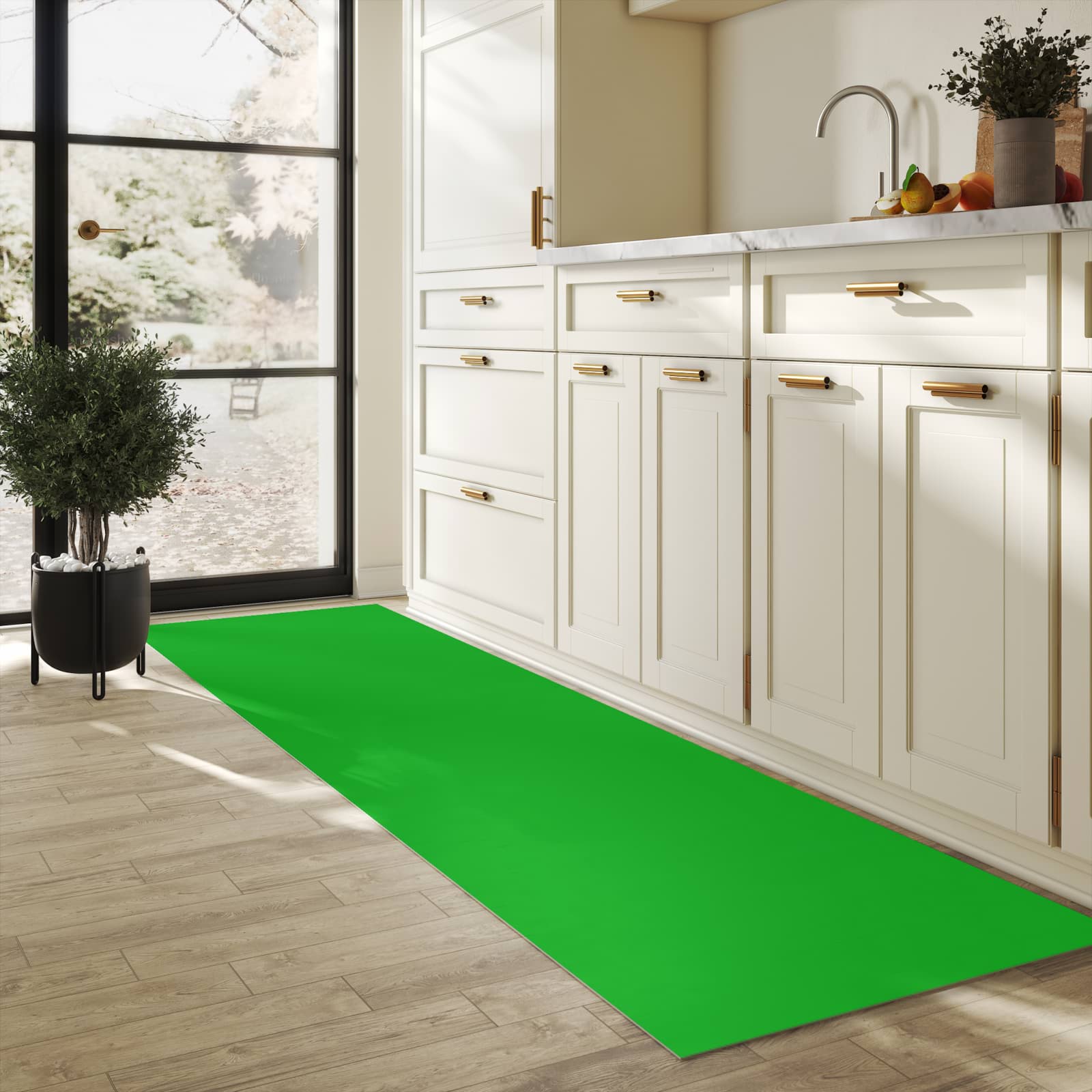 Formstabiler moderner Küchenläufer mit grasgrünem Hintergrund in der Küche