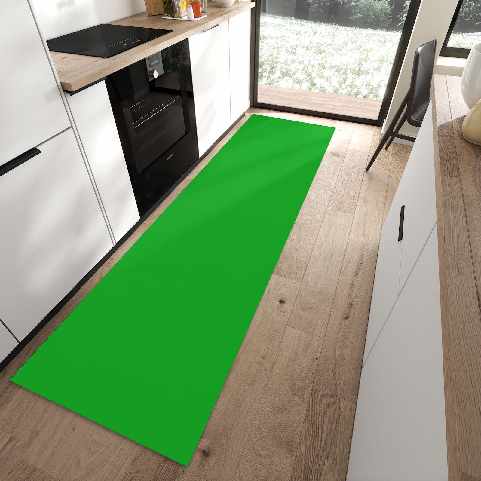 Waschbarer Küchenläufer mit grasgrünem Hintergrund in moderner Küche, schützt Boden