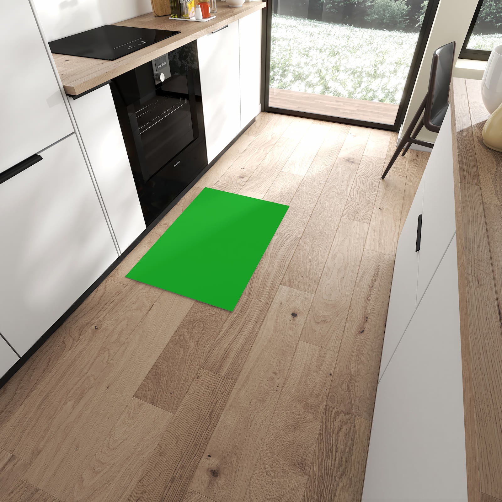 Dünner Küchenläufer mit grasgrünem Hintergrund in moderner Küche, langlebig