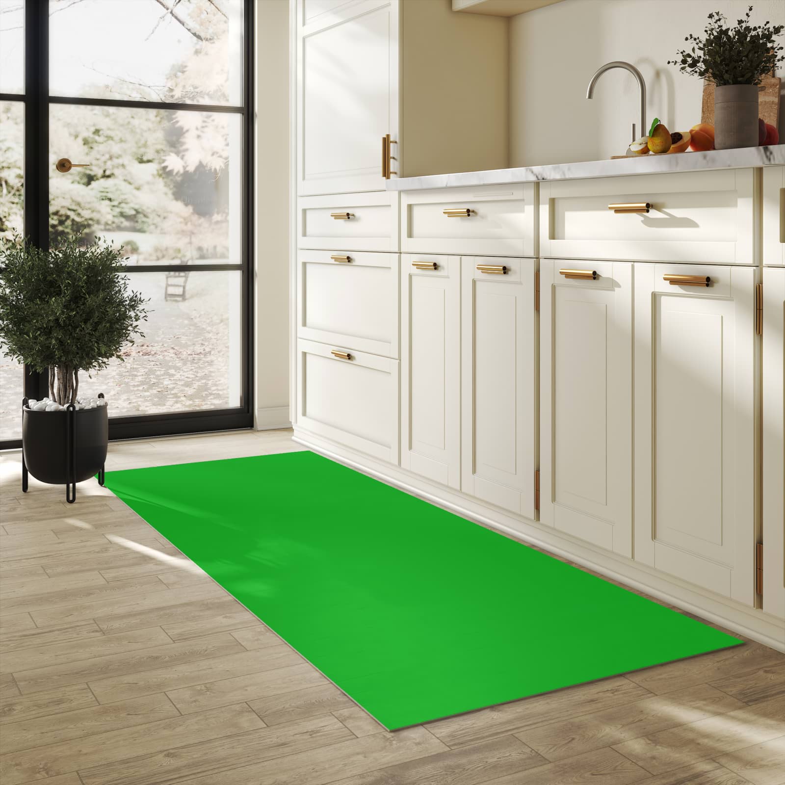 Langlebiger bunter Küchenläufer mit grasgrünem Hintergrund-Motiv in der Küche