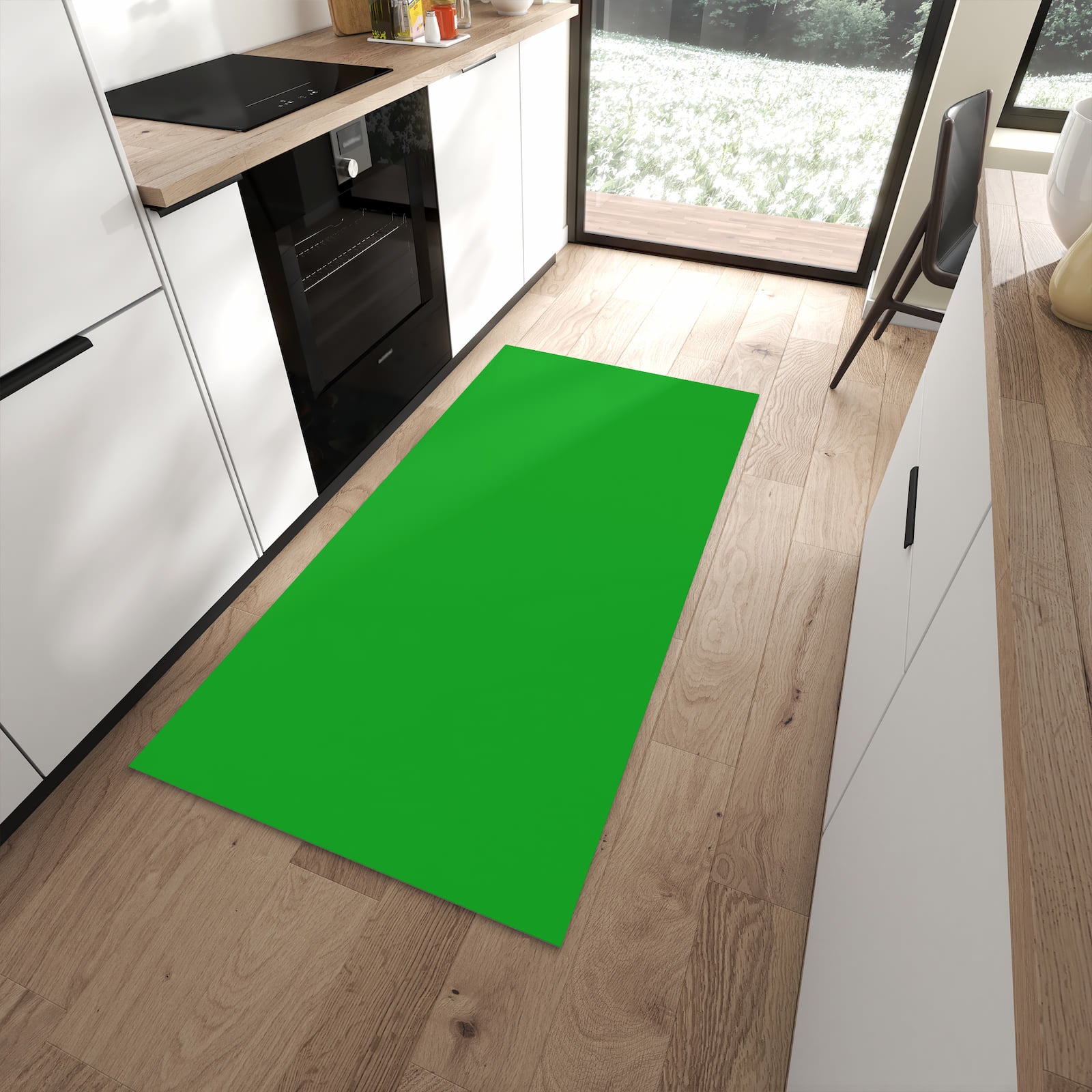 Hygienischer Küchenteppich grau mit grasgrünem Hintergrund-Motiv in moderner Küche