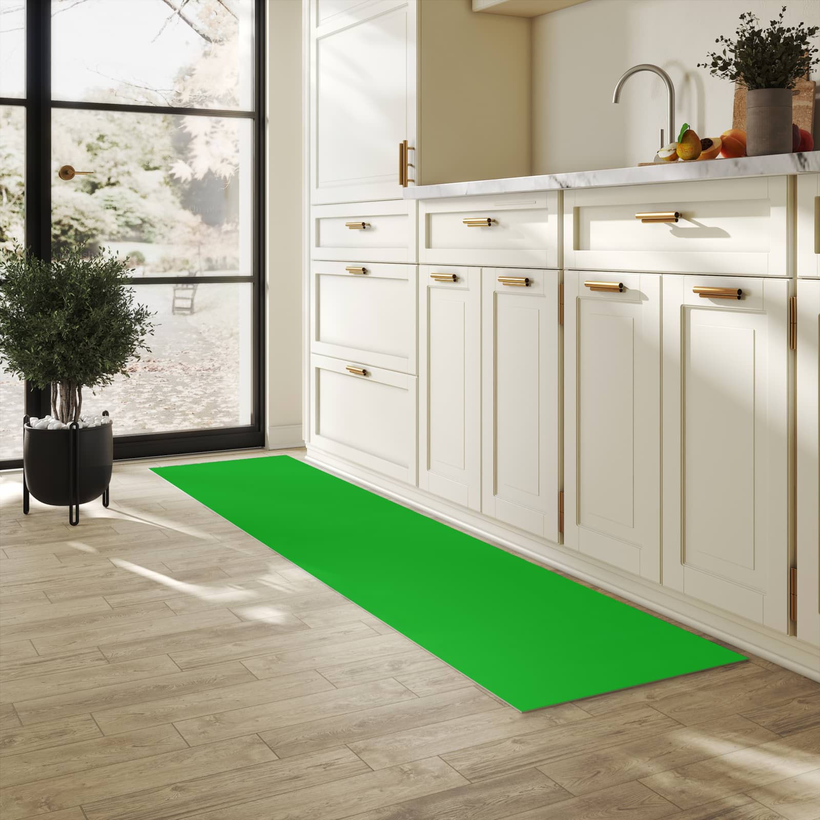 Pflegeleichter Küchenläufer mit grasgrünem Hintergrund-Motiv in der Küche, waschbar