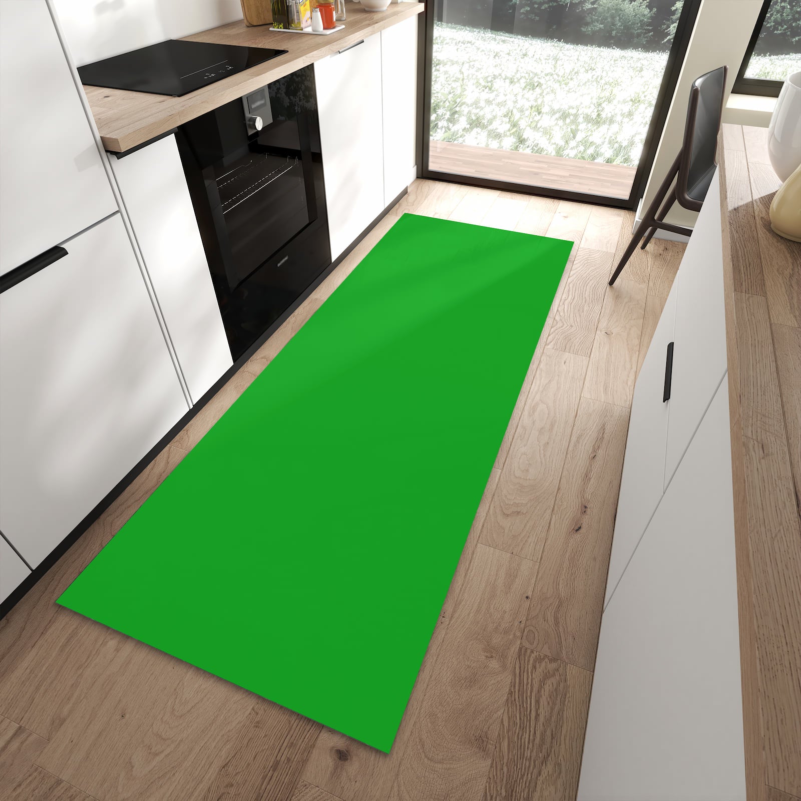 Rutschfester Küchenteppich mit grasgrünem Hintergrund in moderner Küche