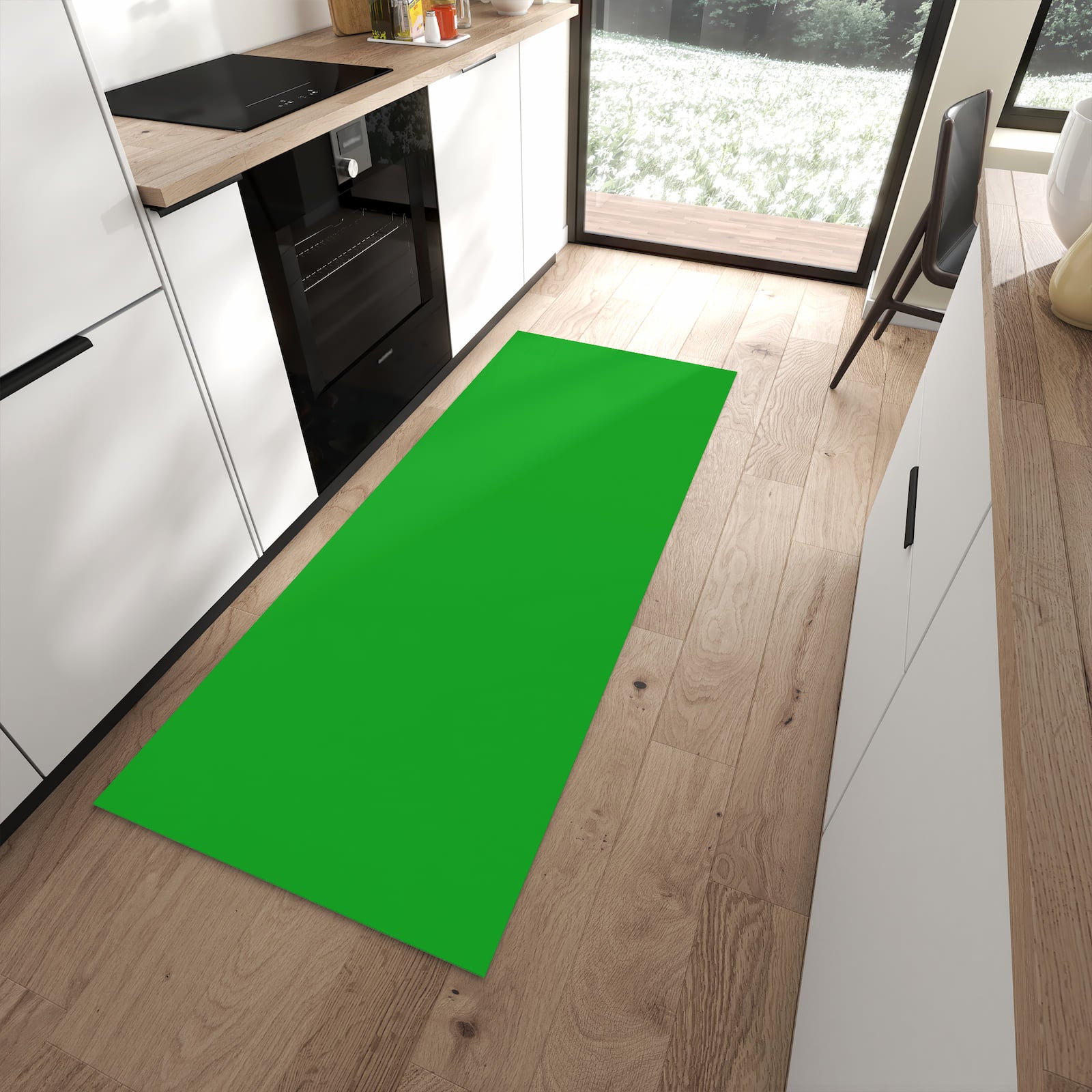 Rutschfester Küchenläufer mit grasgrünem Hintergrund in moderner Küche, waschbar