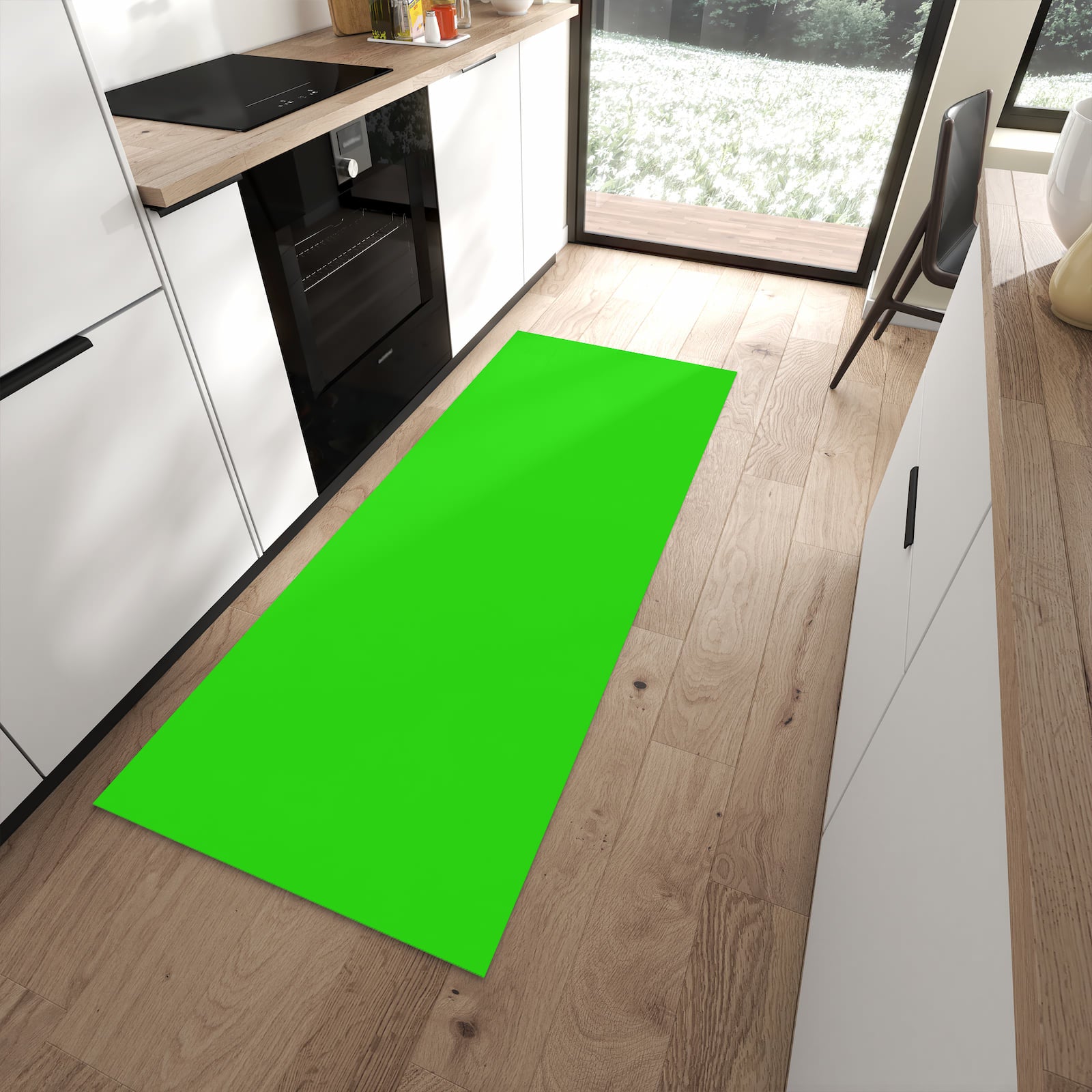 Rutschfester Küchenteppich mit neongrünem Hintergrund-Motiv in moderner Küche, schützt den Boden
