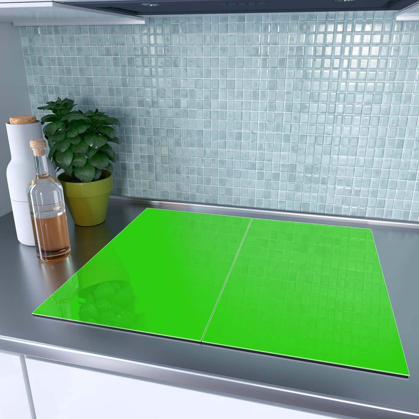 2-teilige Herdabdeckung mit Neongrüner Hintergrund-Motiv auf dem Ceranfeld