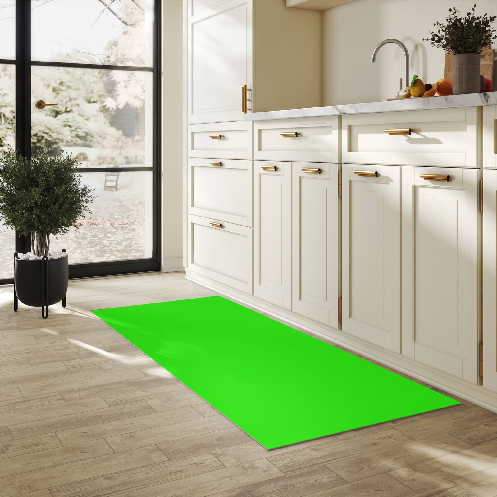 Waschbarer Küchenläufer mit neongrünem Hintergrund-Motiv in der Küche
