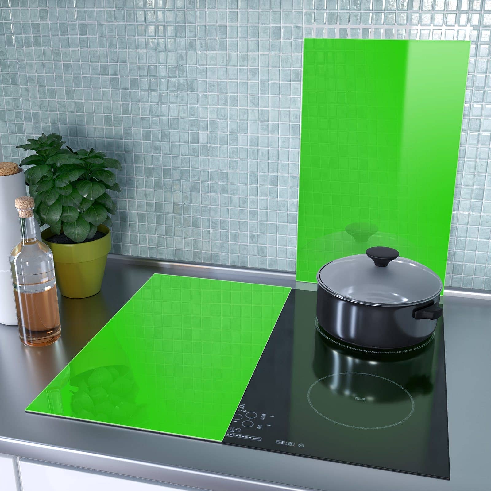 2-teilige Abdeckplatten für Ceranfeld mit Neongrüner Hintergrund-Motiv als Spritzschutz hinter dem Kochfeld