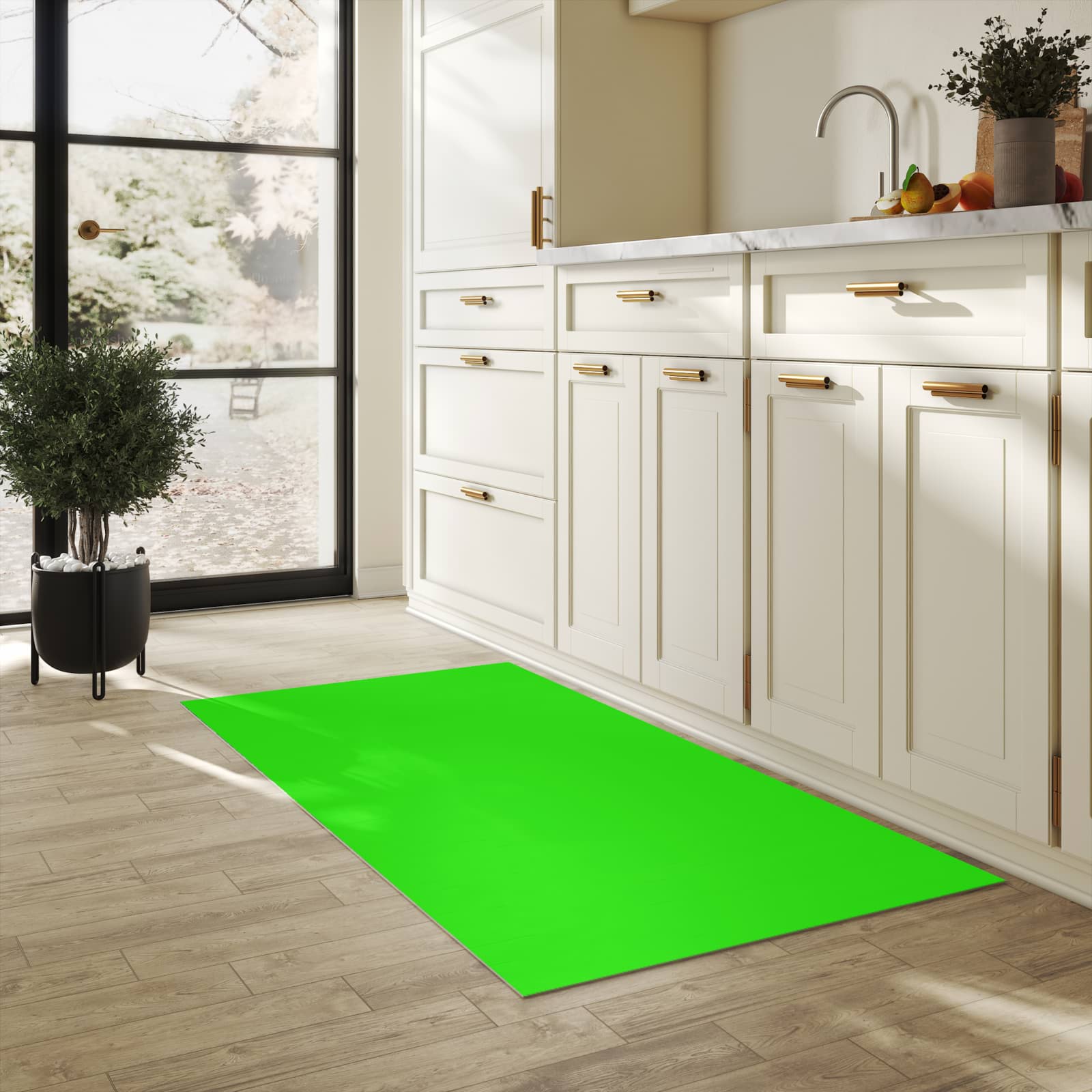 Hygienischer Küchenläufer mit neongrünem Hintergrund-Motiv in der Küche