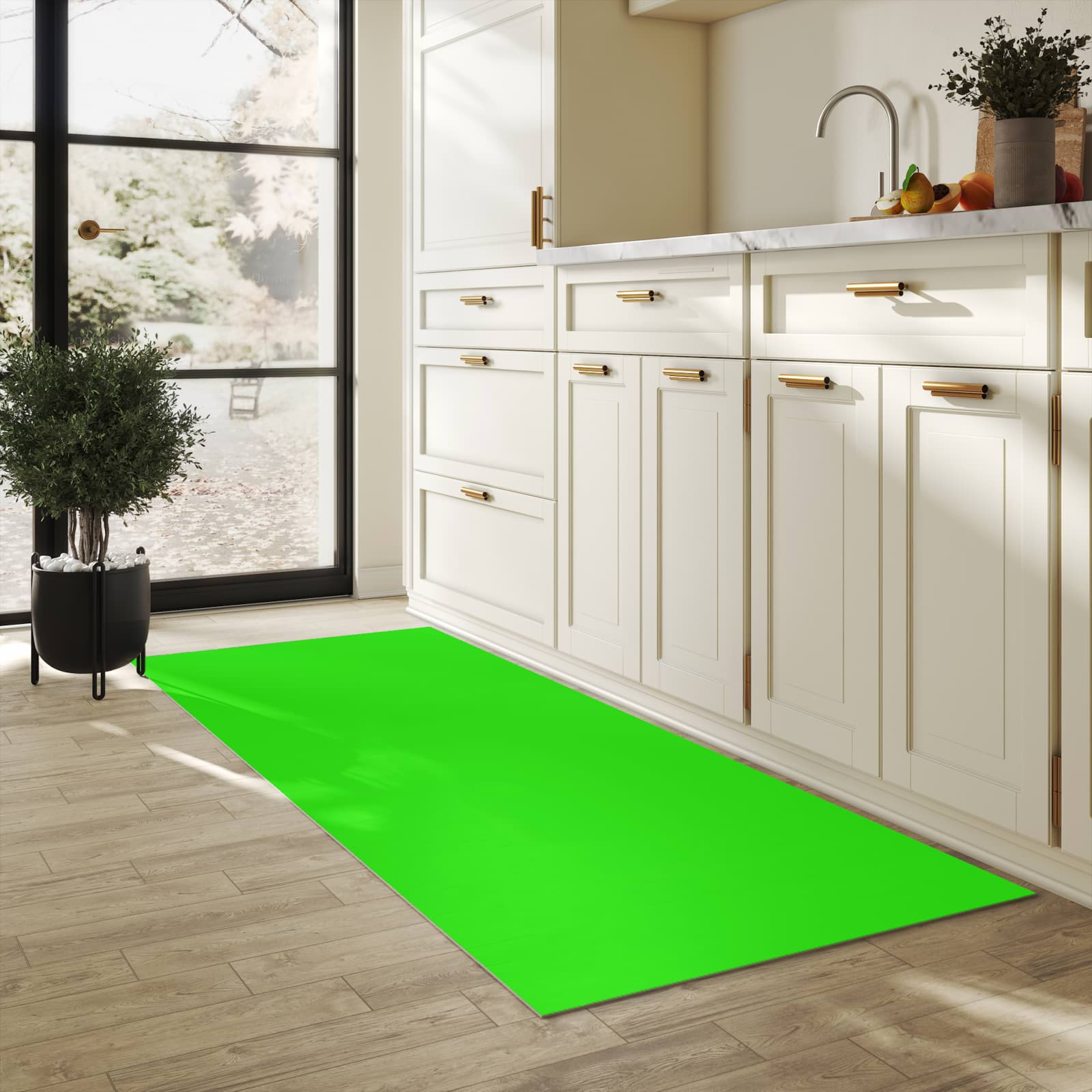 Rutschfester Küchenläufer grün mit neongrünem Hintergrund-Design in der Küche