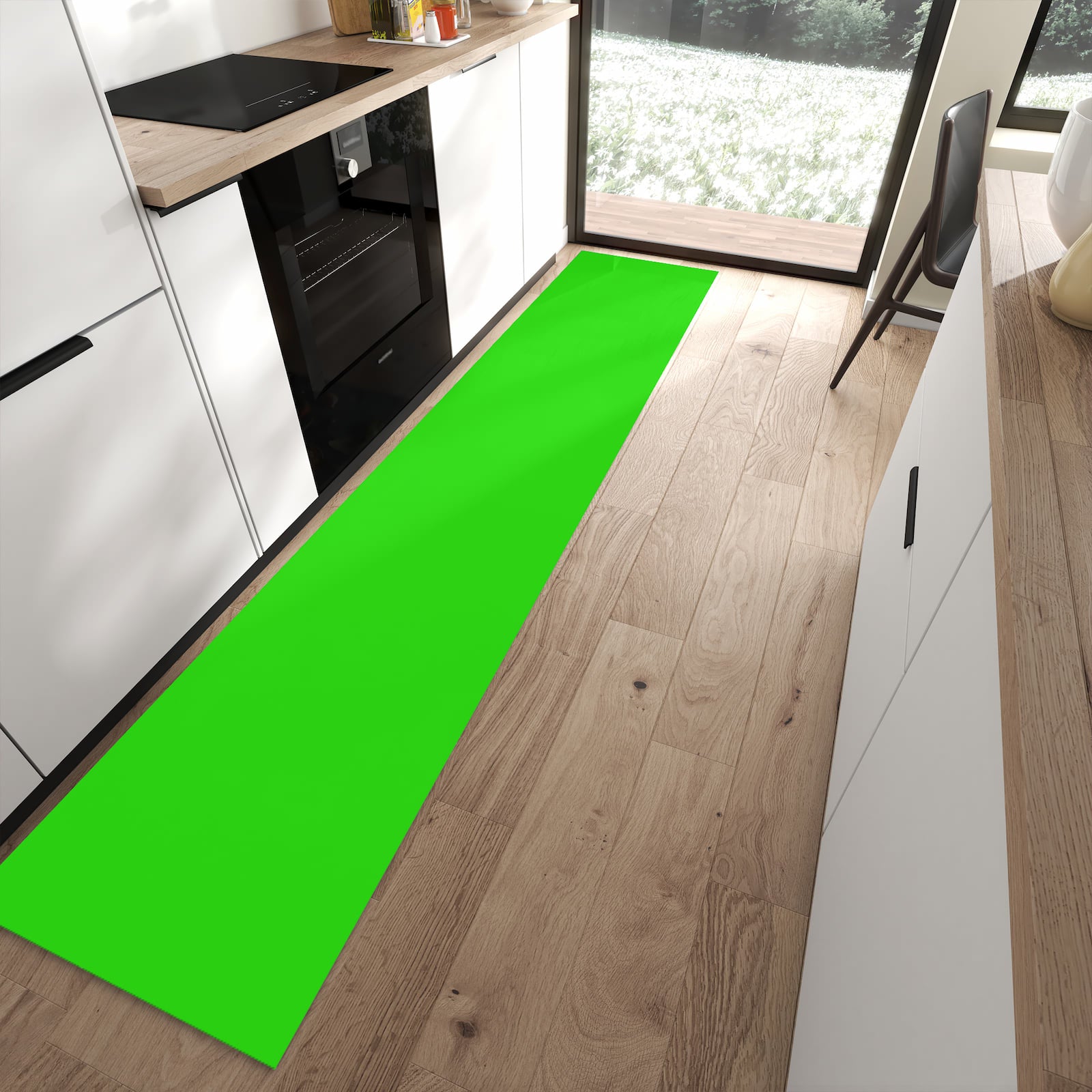 Waschbarer Küchenläufer mit neongrünem Hintergrund-Motiv in moderner Küche, hygienisch