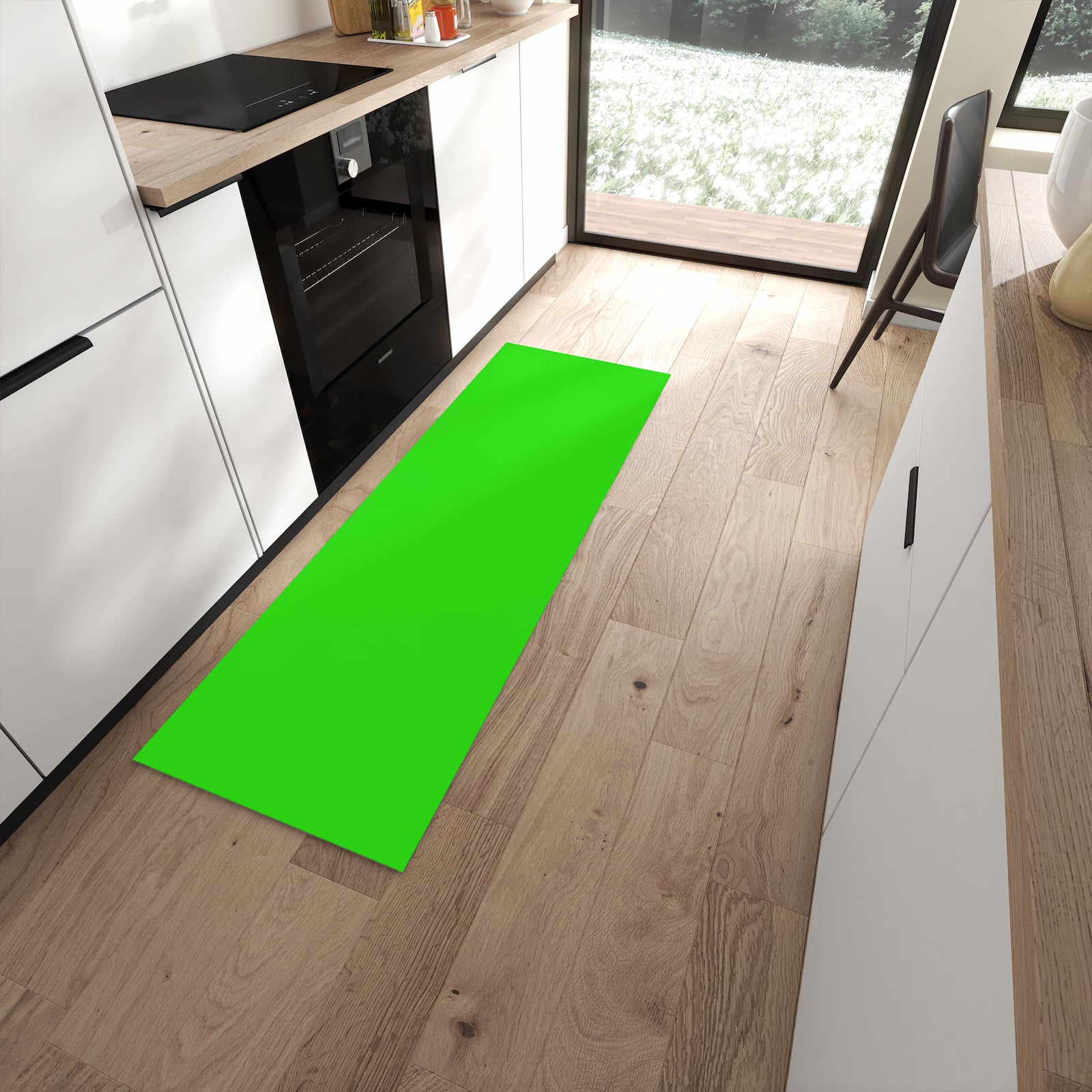 Rutschfester Küchenläufer mit neongrünem Hintergrund-Motiv in moderner Küche, farbbeständig