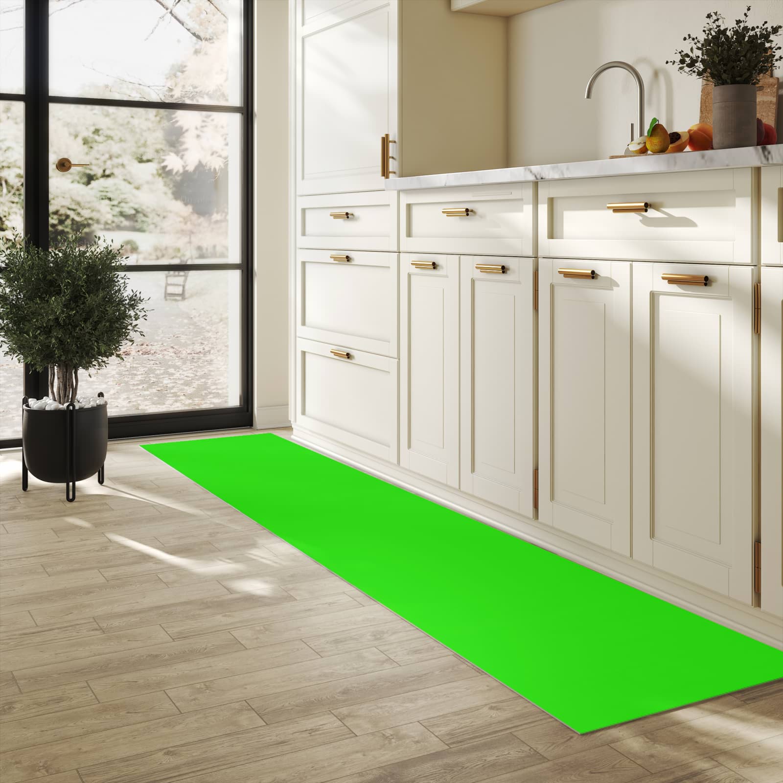 Feuchtigkeitsresistenter moderner Küchenläufer mit neongrünem Hintergrund-Motiv in der Küche