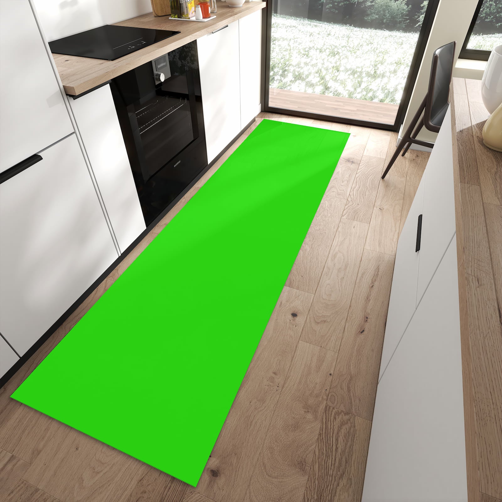 Abriebfester Bodenläufer mit neongrünem Hintergrund-Motiv in moderner Küche